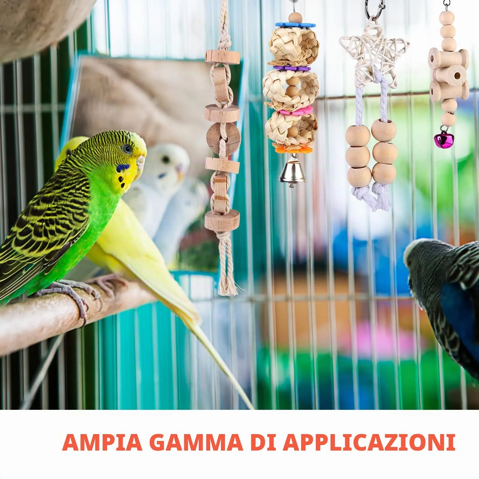 Giochi per Pappagalli, 9 Pezzi Giocattoli Pappagallo, Giocattolo da Masticare Naturale, Legno Altalena Giochi per Parrocchetti Ara - immagine 2