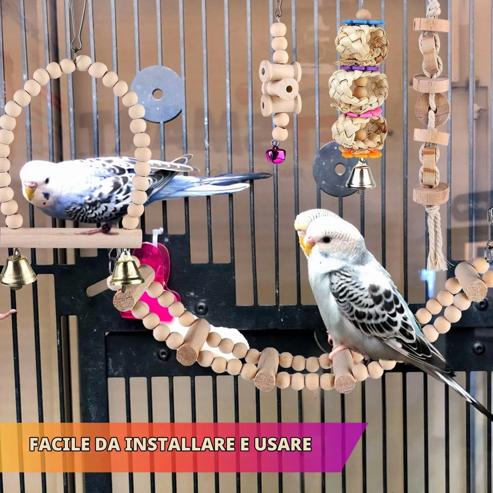 Giochi per Pappagalli, 9 Pezzi Giocattoli Pappagallo, Giocattolo da Masticare Naturale, Legno Altalena Giochi per Parrocchetti Ara - immagine 3
