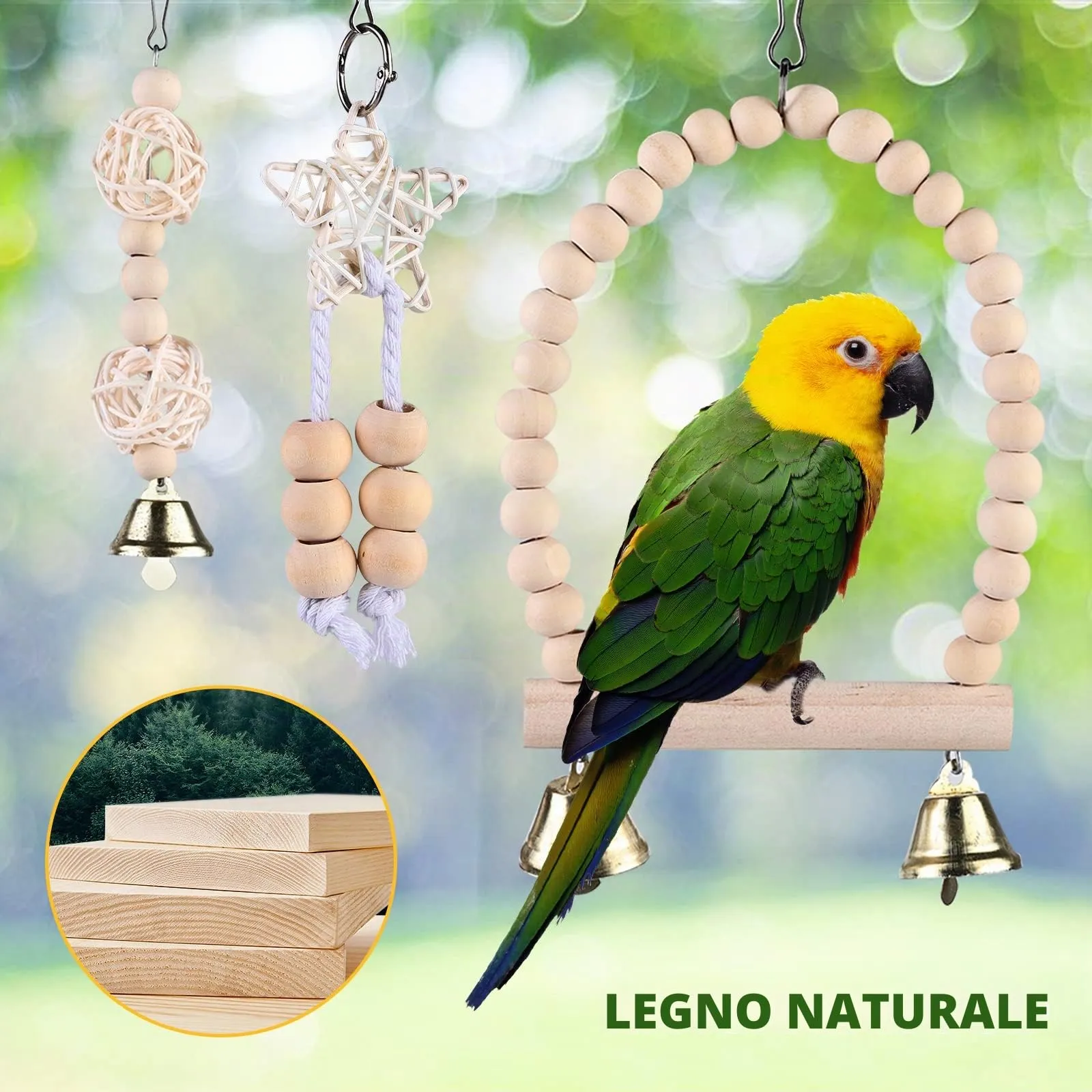 Giochi per Pappagalli, 9 Pezzi Giocattoli Pappagallo, Giocattolo da Masticare Naturale, Legno Altalena Giochi per Parrocchetti Ara - immagine 4