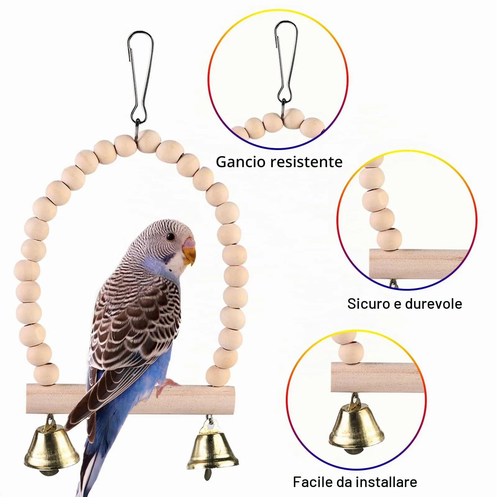 Giochi per Pappagalli, 9 Pezzi Giocattoli Pappagallo, Giocattolo da Masticare Naturale, Legno Altalena Giochi per Parrocchetti Ara - immagine 5