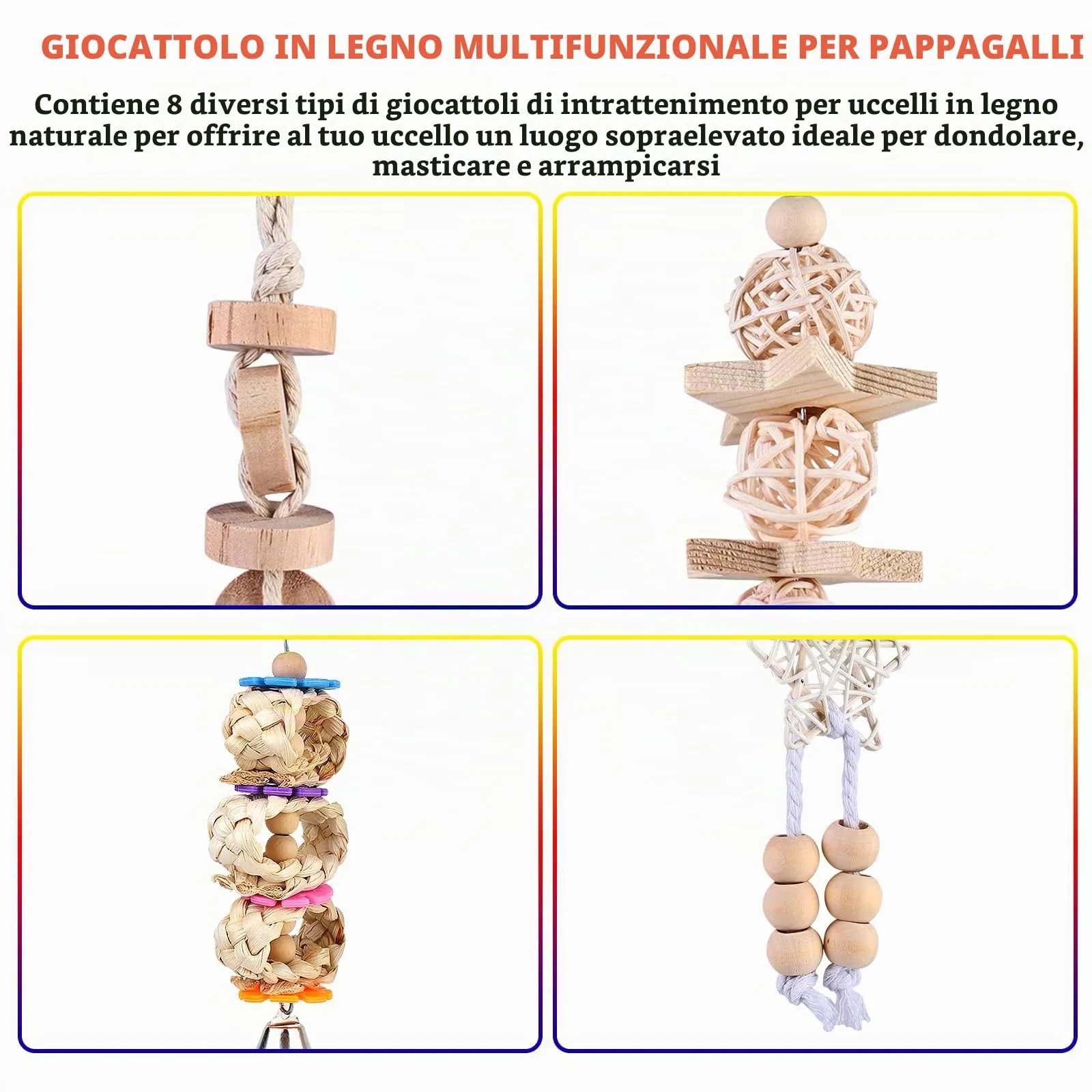 Giochi per Pappagalli, 9 Pezzi Giocattoli Pappagallo, Giocattolo da Masticare Naturale, Legno Altalena Giochi per Parrocchetti Ara - immagine 6