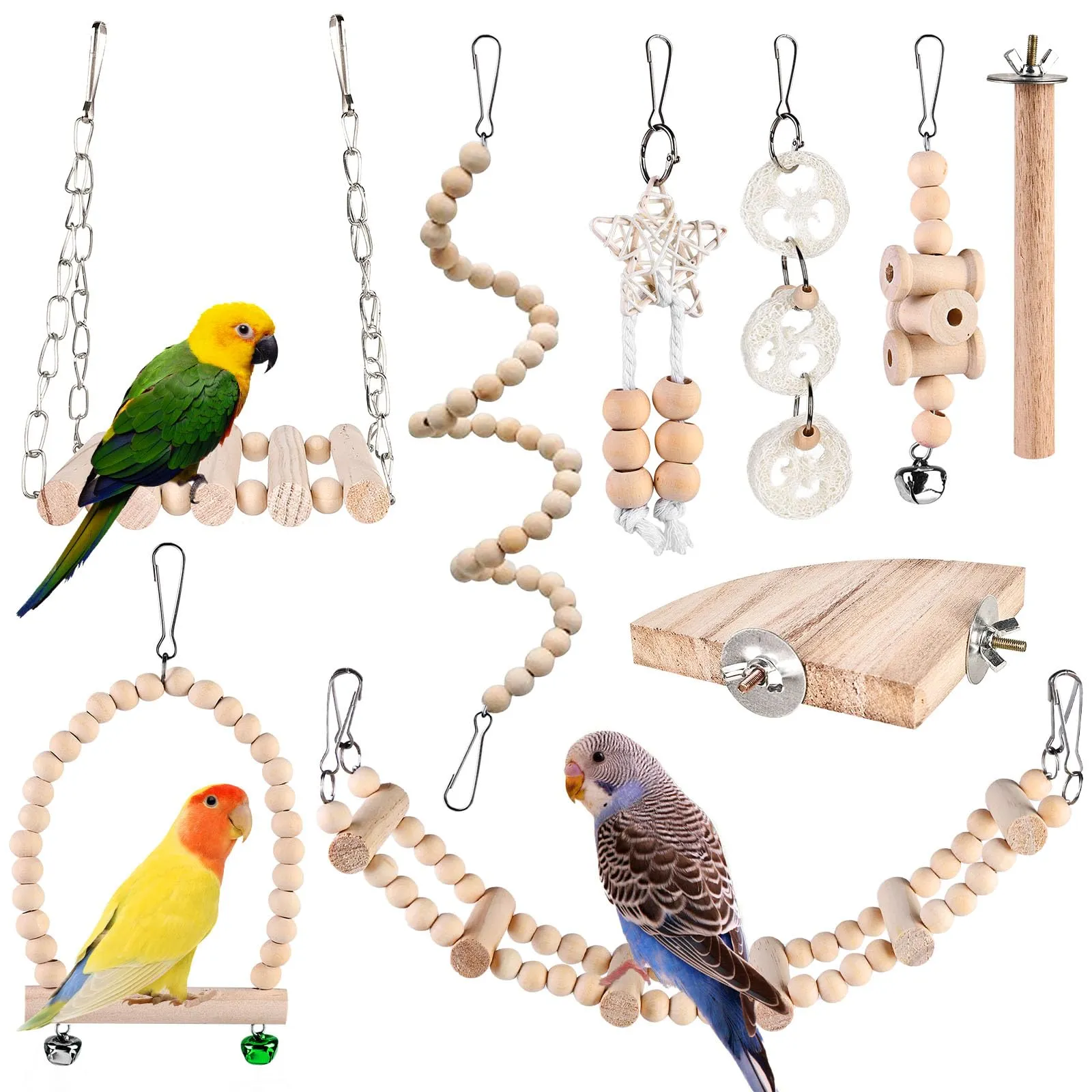 9 Giocattoli per Pappagalli - Accessori per Gabbia, Posatoi in Legno, Piattaforma e Giocattoli da Masticare per Uccelli - immagine 1