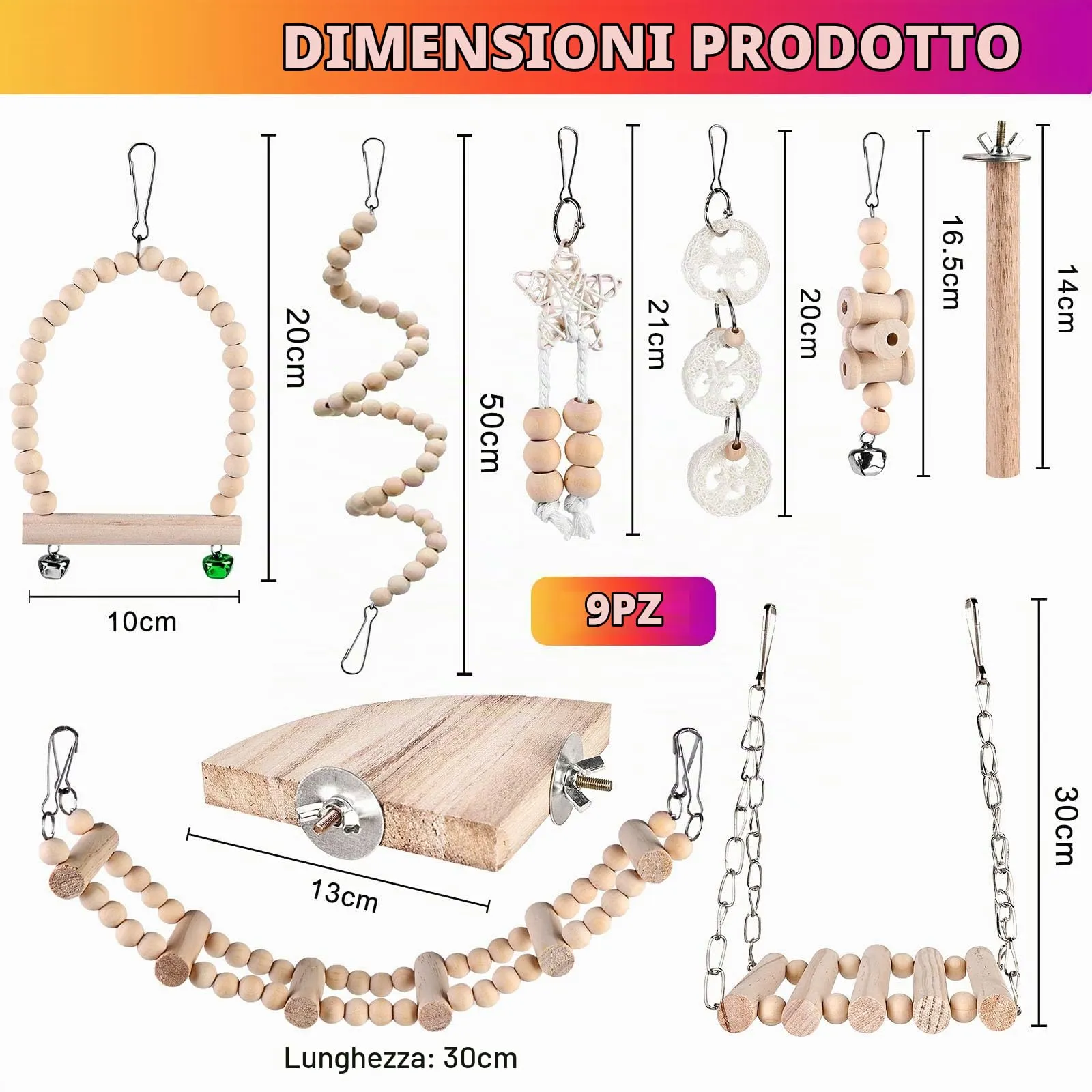 9 Giocattoli per Pappagalli - Accessori per Gabbia, Posatoi in Legno, Piattaforma e Giocattoli da Masticare per Uccelli - immagine 2