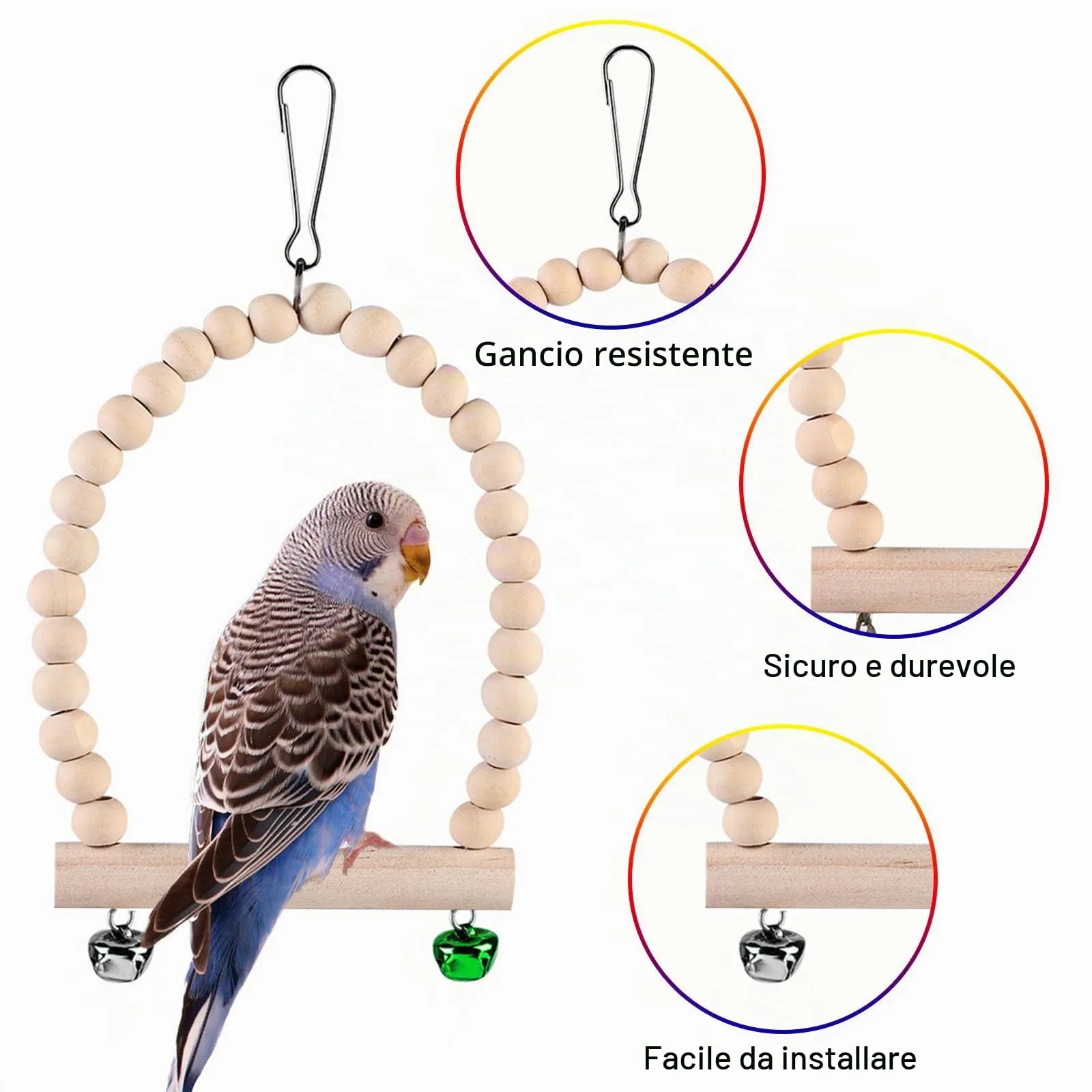 9 Giocattoli per Pappagalli - Accessori per Gabbia, Posatoi in Legno, Piattaforma e Giocattoli da Masticare per Uccelli - immagine 3
