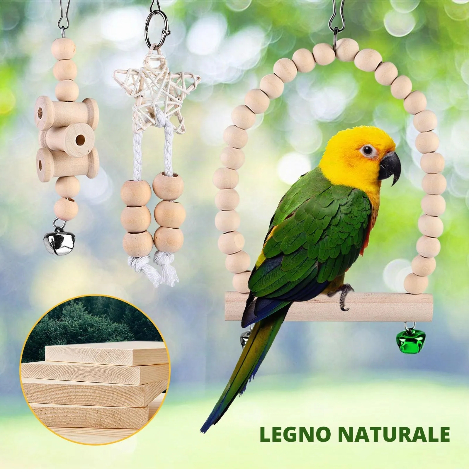 9 Giocattoli per Pappagalli - Accessori per Gabbia, Posatoi in Legno, Piattaforma e Giocattoli da Masticare per Uccelli - immagine 5