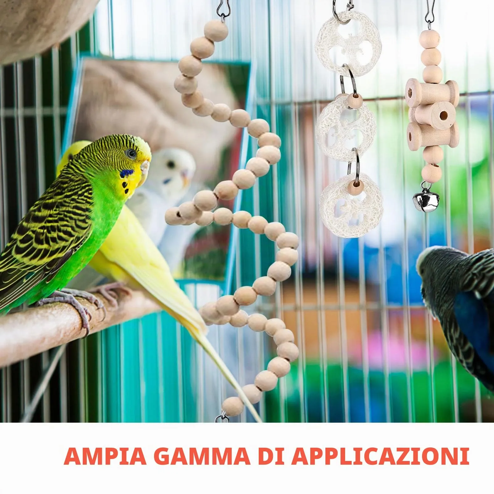 9 Giocattoli per Pappagalli - Accessori per Gabbia, Posatoi in Legno, Piattaforma e Giocattoli da Masticare per Uccelli - immagine 6