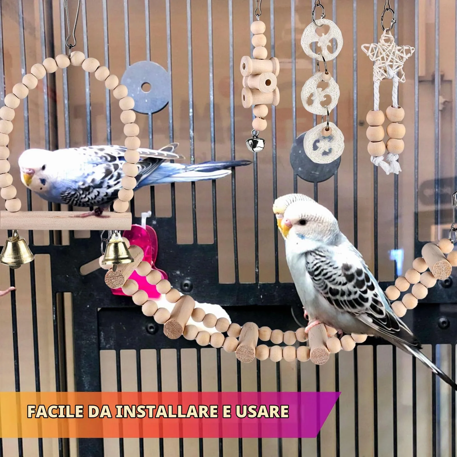 9 Giocattoli per Pappagalli - Accessori per Gabbia, Posatoi in Legno, Piattaforma e Giocattoli da Masticare per Uccelli - immagine 7