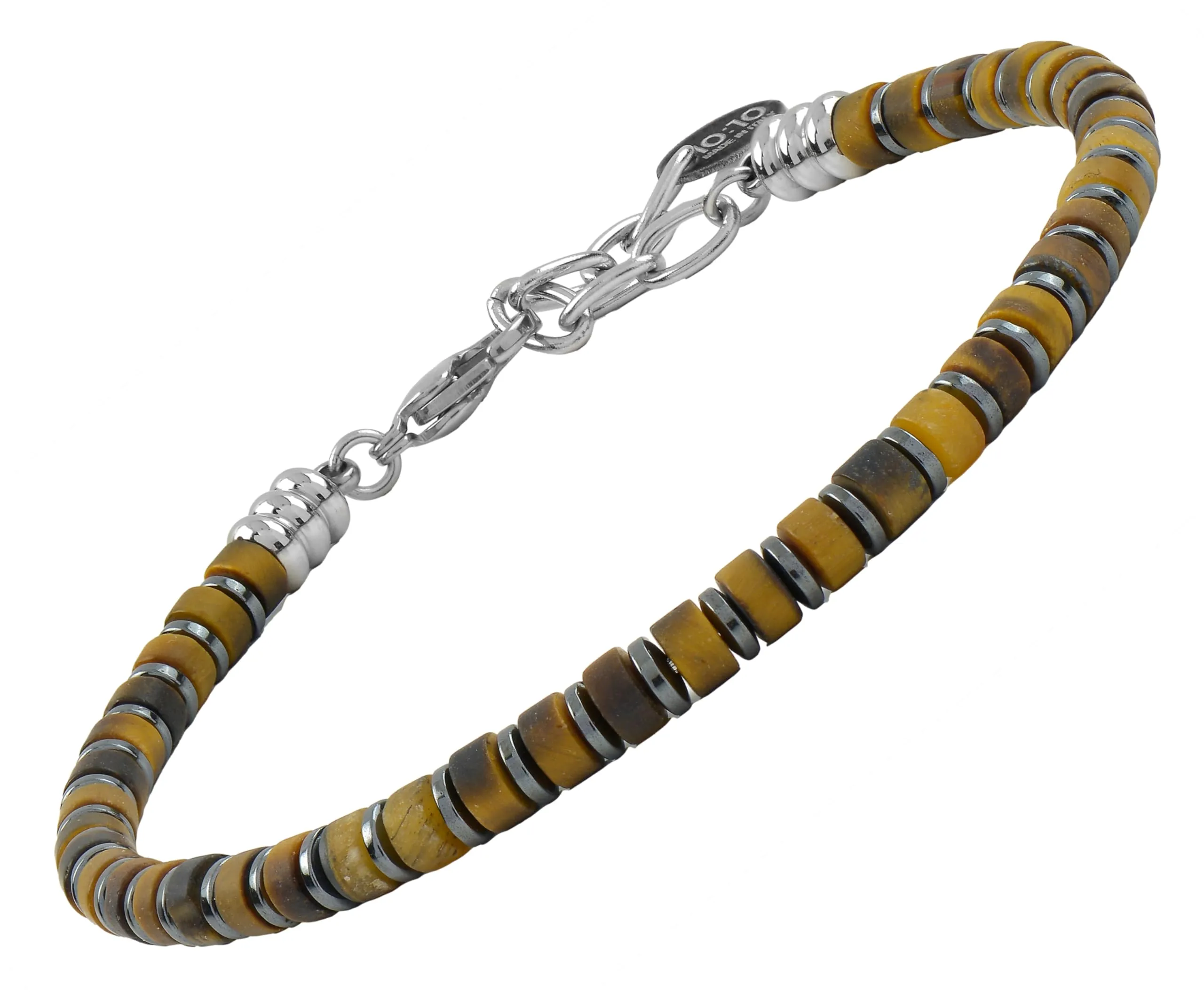 10:10 Bracciale uomo pietre naturali di occhio di tigre, ematite e acciaio inossidabile. Braccialetto artigianale regolabile, comodo e resistente - Made In Italy (Occhio di Tigre) - immagine 1