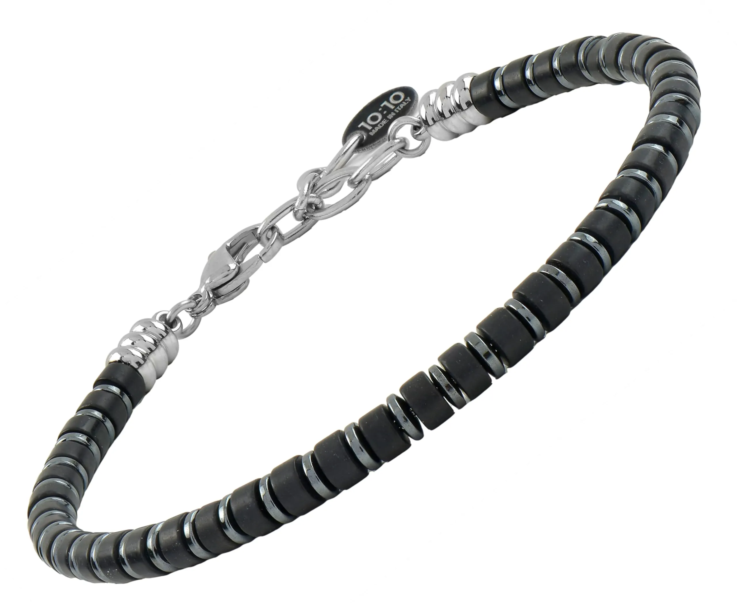 10:10 Bracciale uomo pietre naturali di Agata nera, ematite e acciaio inossidabile. Braccialetto artigianale regolabile, comodo e resistente - Made In Italy (Agata Nera) - immagine 1