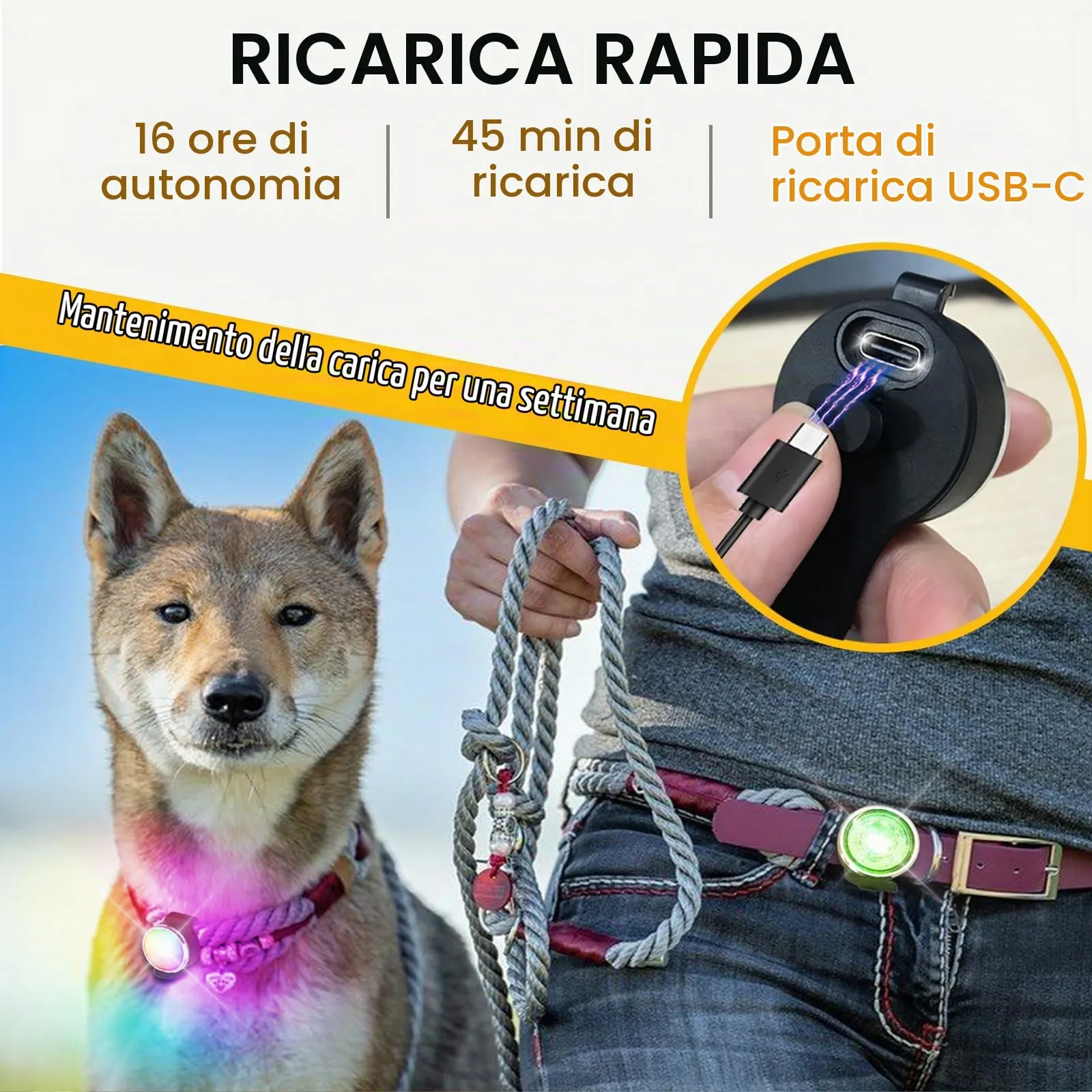 Tubasion Confezione da 2 luci per cani per passeggiate notturne, 8 modalità di luci ricaricabili migliorate per collare per cani per clip notturna, IPX6 impermeabile e luci di sicurezza a banda di - immagine 6