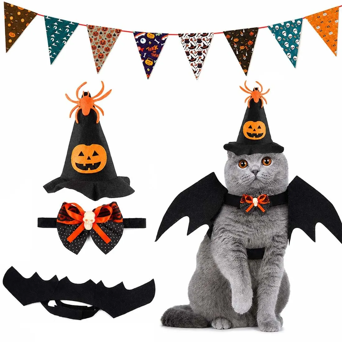 LYEGJT Costume Halloween Per Gatto Cane Set, Cosplay Animale,Include Cappello E Papillon Vestiti Ali Pipistrello - immagine 1