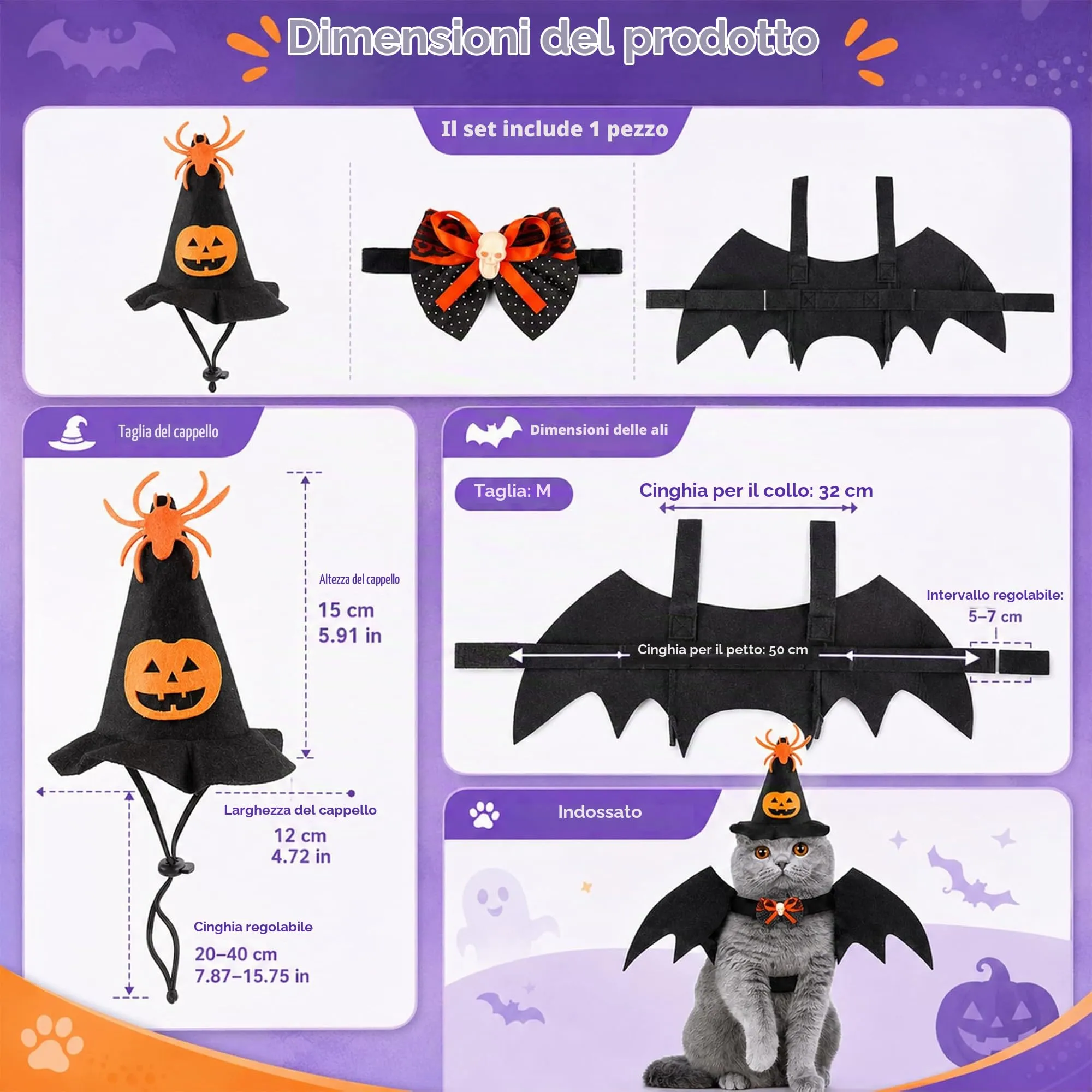 LYEGJT Costume Halloween Per Gatto Cane Set, Cosplay Animale,Include Cappello E Papillon Vestiti Ali Pipistrello - immagine 2