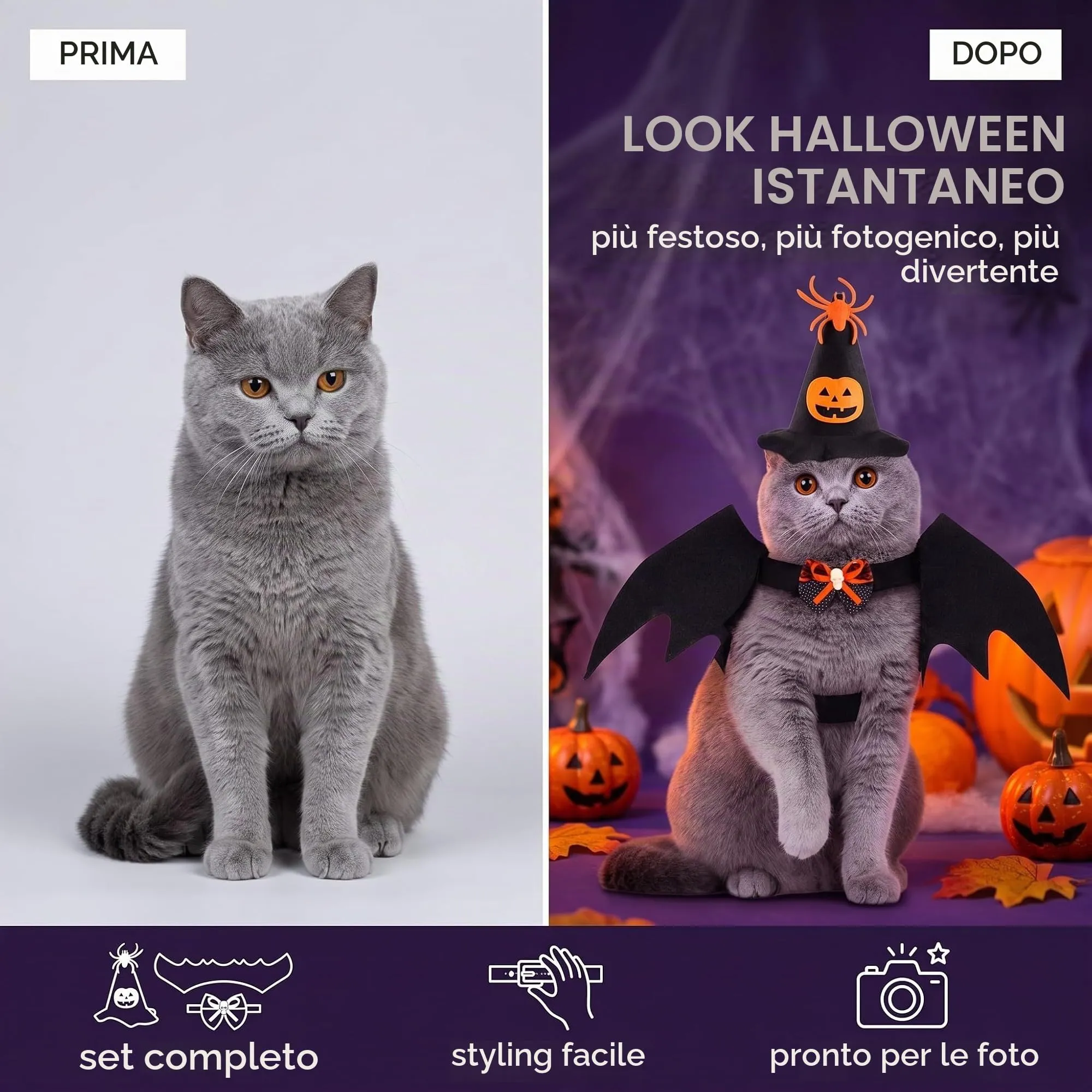 LYEGJT Costume Halloween Per Gatto Cane Set, Cosplay Animale,Include Cappello E Papillon Vestiti Ali Pipistrello - immagine 4