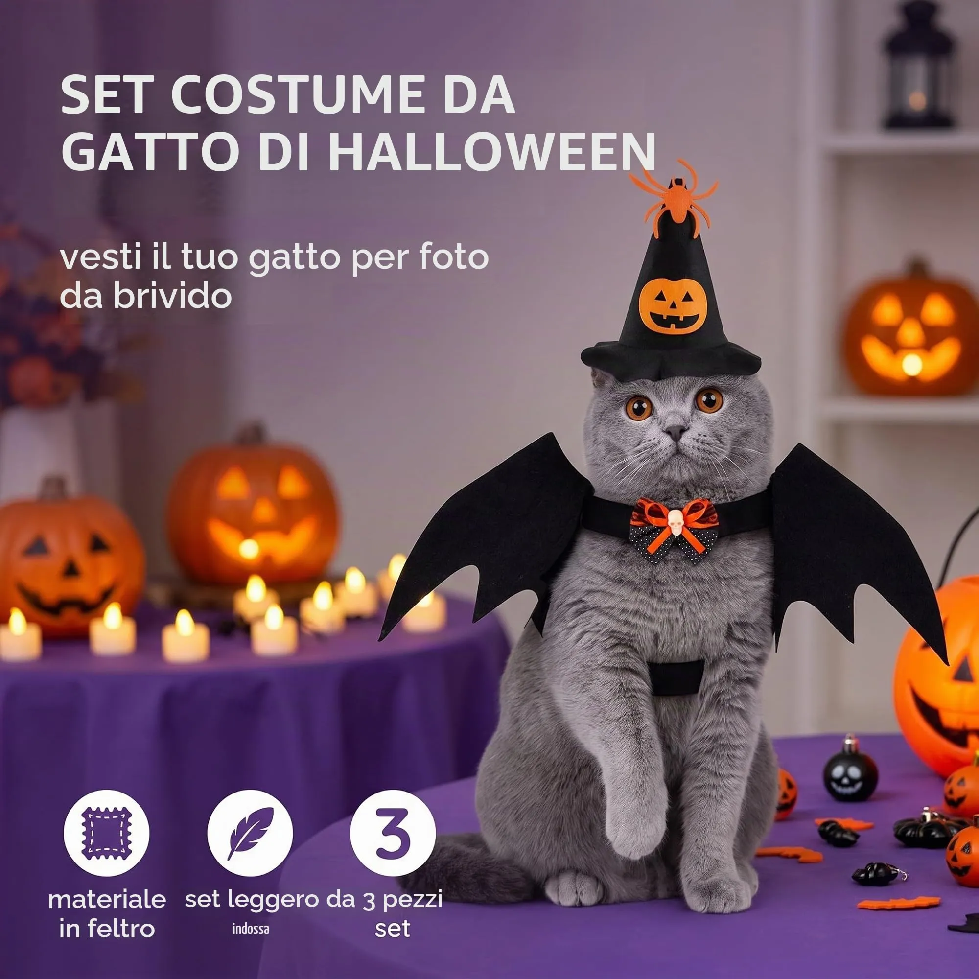 LYEGJT Costume Halloween Per Gatto Cane Set, Cosplay Animale,Include Cappello E Papillon Vestiti Ali Pipistrello - immagine 5