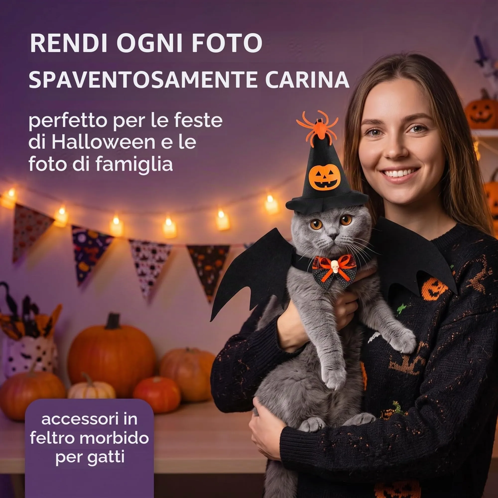 LYEGJT Costume Halloween Per Gatto Cane Set, Cosplay Animale,Include Cappello E Papillon Vestiti Ali Pipistrello - immagine 6