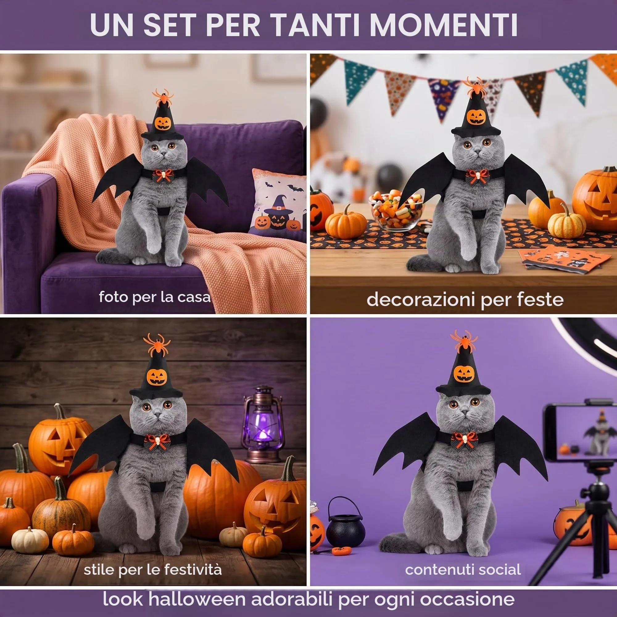 LYEGJT Costume Halloween Per Gatto Cane Set, Cosplay Animale,Include Cappello E Papillon Vestiti Ali Pipistrello - immagine 7