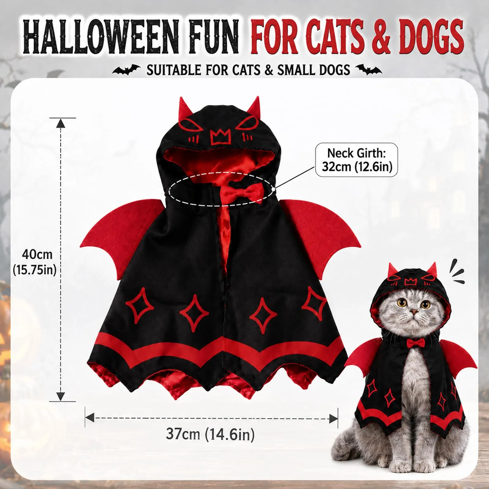 QIANAI Costume Halloween per Gatti e Cani Piccoli, Mantello Pipistrello - immagine 2