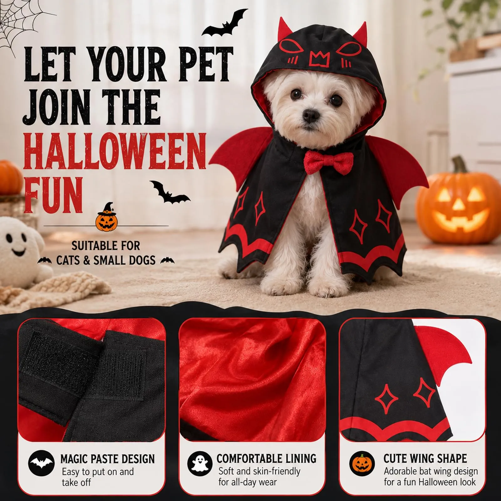 QIANAI Costume Halloween per Gatti e Cani Piccoli, Mantello Pipistrello - immagine 3