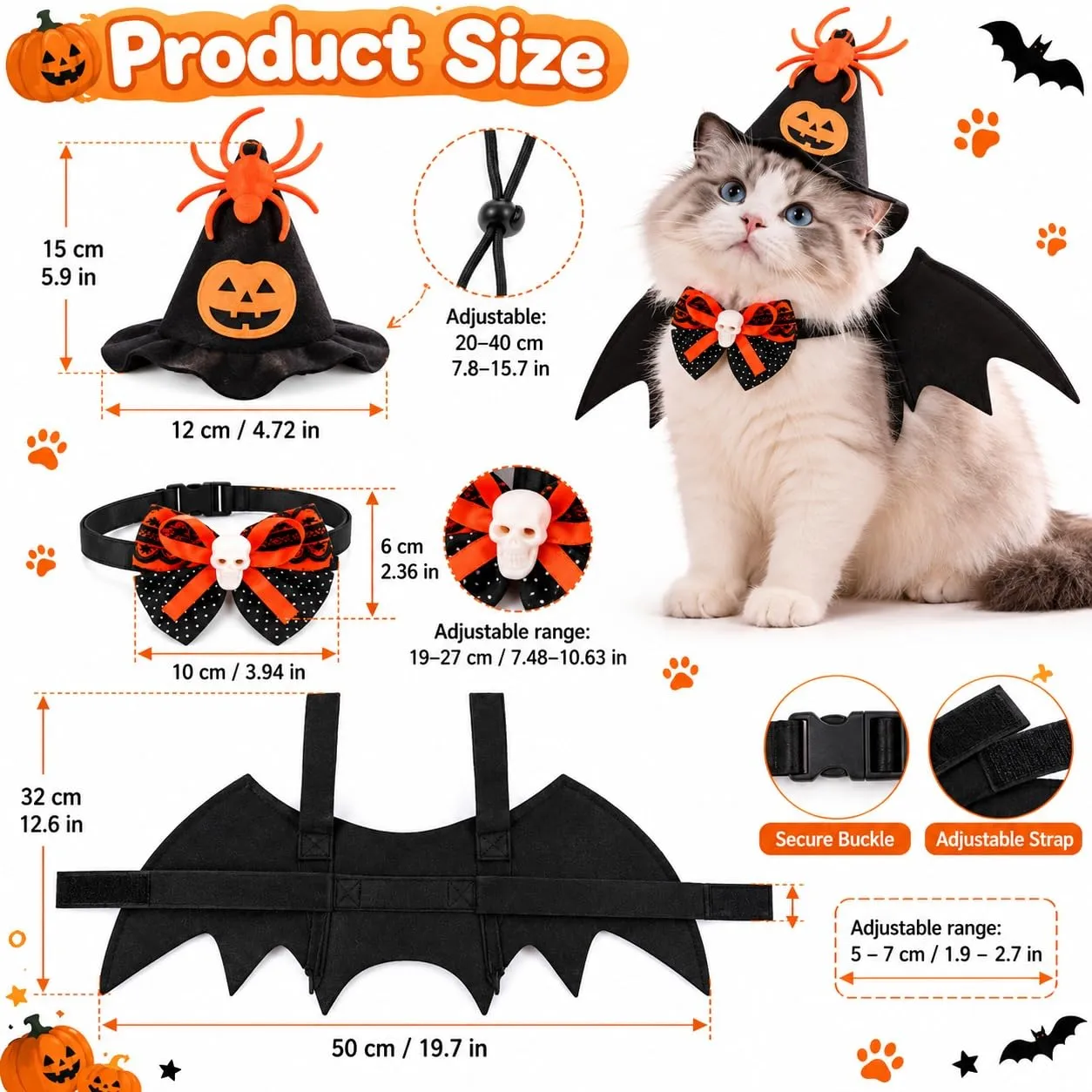 BIVYAX 1 Costume per Gatto,Include Cappello Halloween,Cravatta e Ali Pipistrello,Ideale per Feste in Maschera,Carnevale e Foto Divertenti,Abito Tematico per Eventi e Celebrazioni con il Tuo Animale - immagine 2