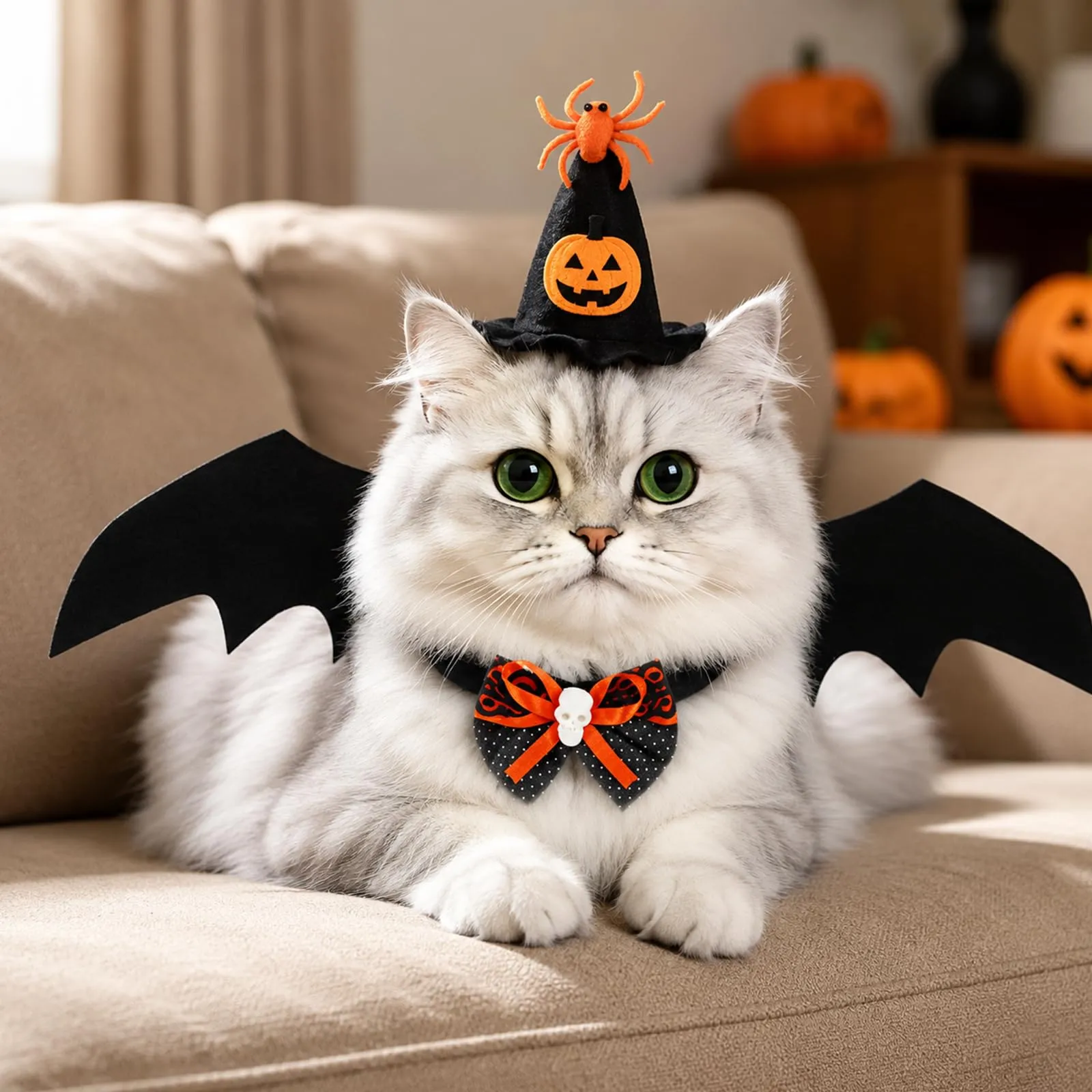 BIVYAX 1 Costume per Gatto,Include Cappello Halloween,Cravatta e Ali Pipistrello,Ideale per Feste in Maschera,Carnevale e Foto Divertenti,Abito Tematico per Eventi e Celebrazioni con il Tuo Animale - immagine 6