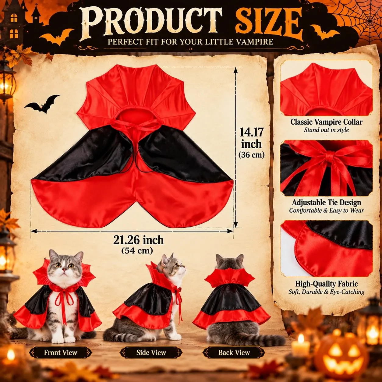 BIVYAX 1 Costume Halloween Gatto Vampiro, Mantello in Velluto Taglia Unica per Gatti, Ideale per Carnevale, Cosplay, Feste in Maschera, Foto Divertenti e Momenti Indimenticabili con il Tuo Animale - immagine 2