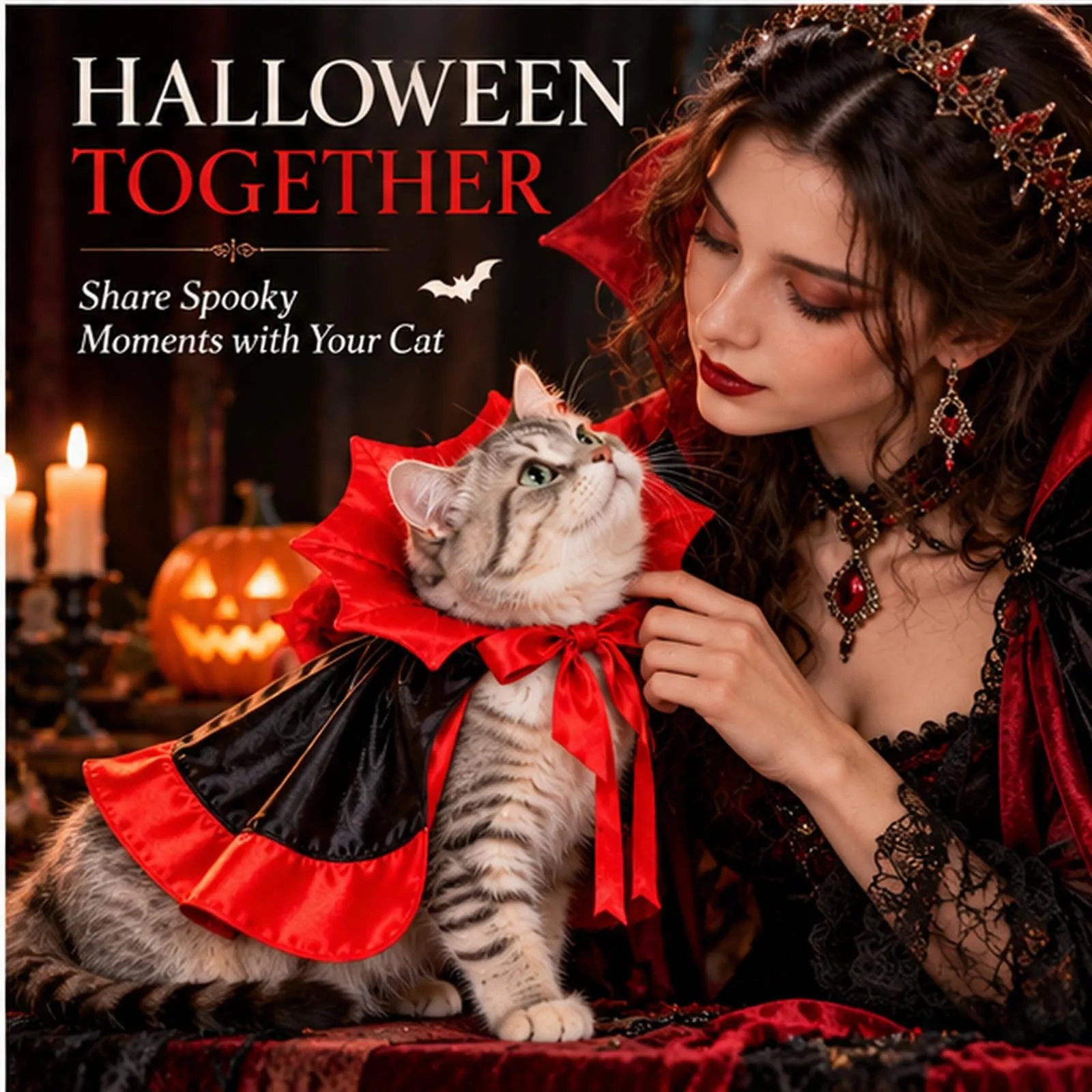 BIVYAX 1 Costume Halloween Gatto Vampiro, Mantello in Velluto Taglia Unica per Gatti, Ideale per Carnevale, Cosplay, Feste in Maschera, Foto Divertenti e Momenti Indimenticabili con il Tuo Animale - immagine 3