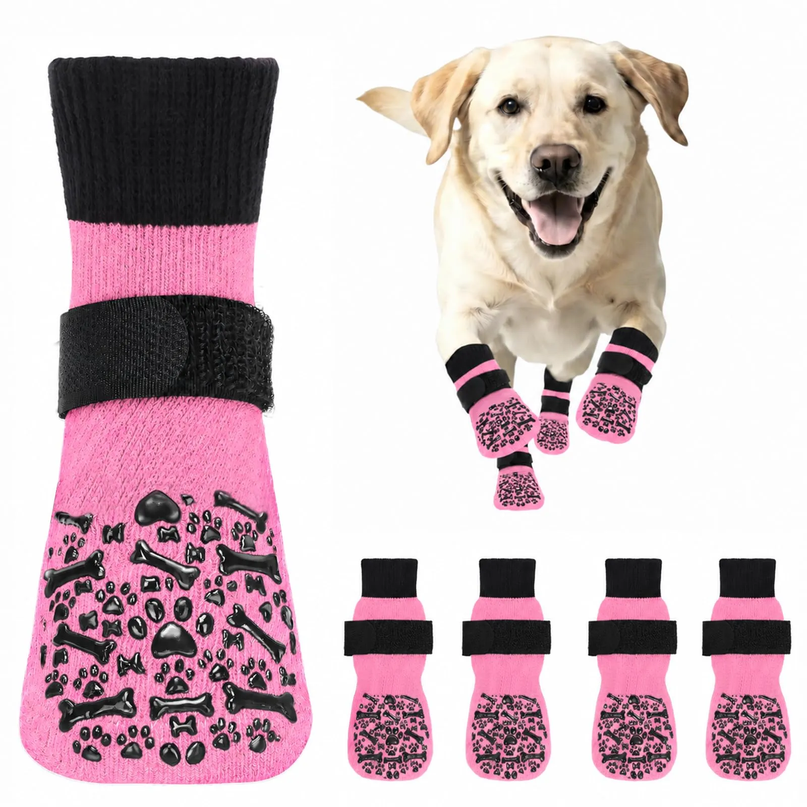 PETLOFT Calzini Antiscivolo per Cani, Prevengono Le Leccate e Graffi, Migliorano la Trazione, Adatti a Cani da Taglia Media a Grande, Regolabili con Gancio e Anello (S, Rosa, Ossa Cartoon) - immagine 1