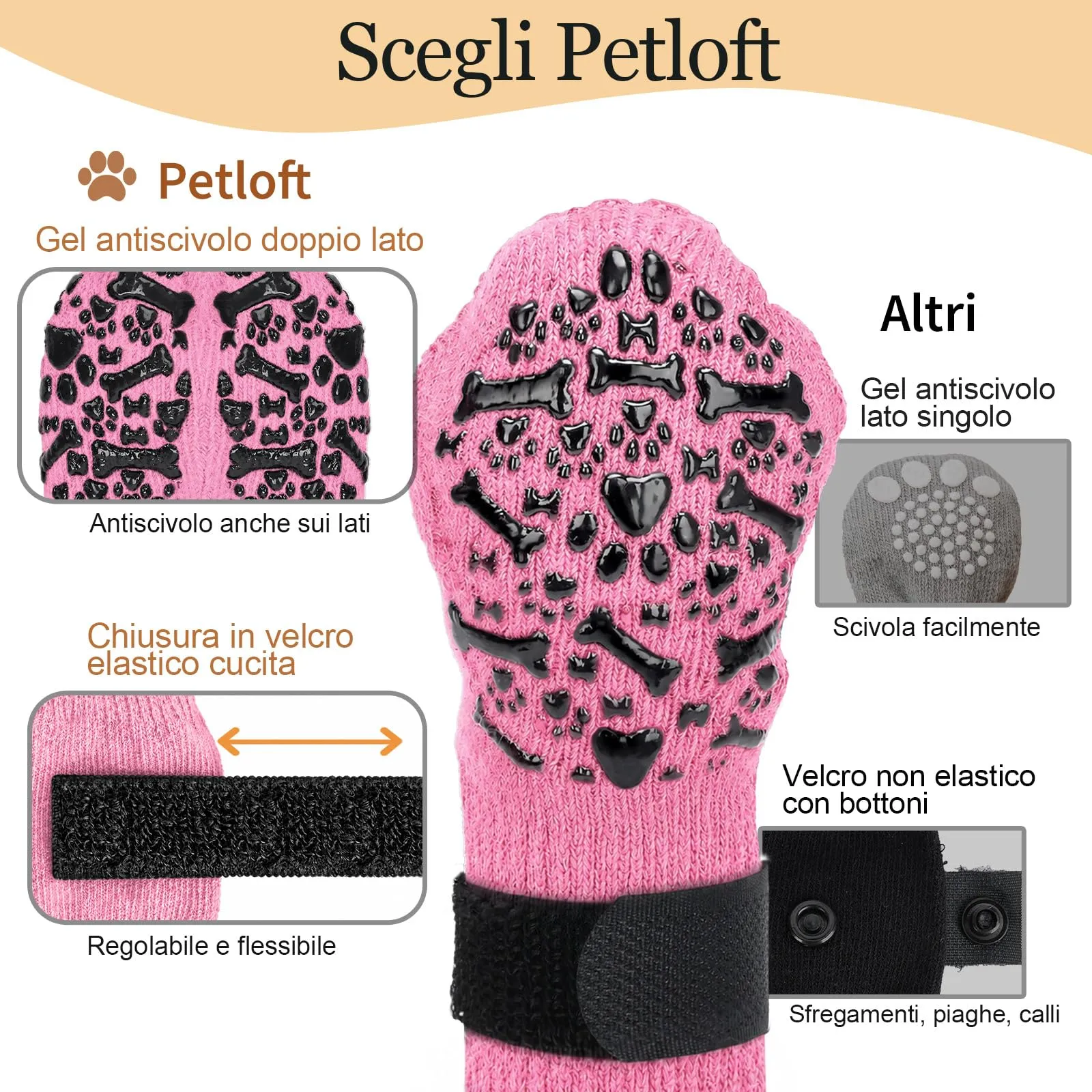 PETLOFT Calzini Antiscivolo per Cani, Prevengono Le Leccate e Graffi, Migliorano la Trazione, Adatti a Cani da Taglia Media a Grande, Regolabili con Gancio e Anello (S, Rosa, Ossa Cartoon) - immagine 5