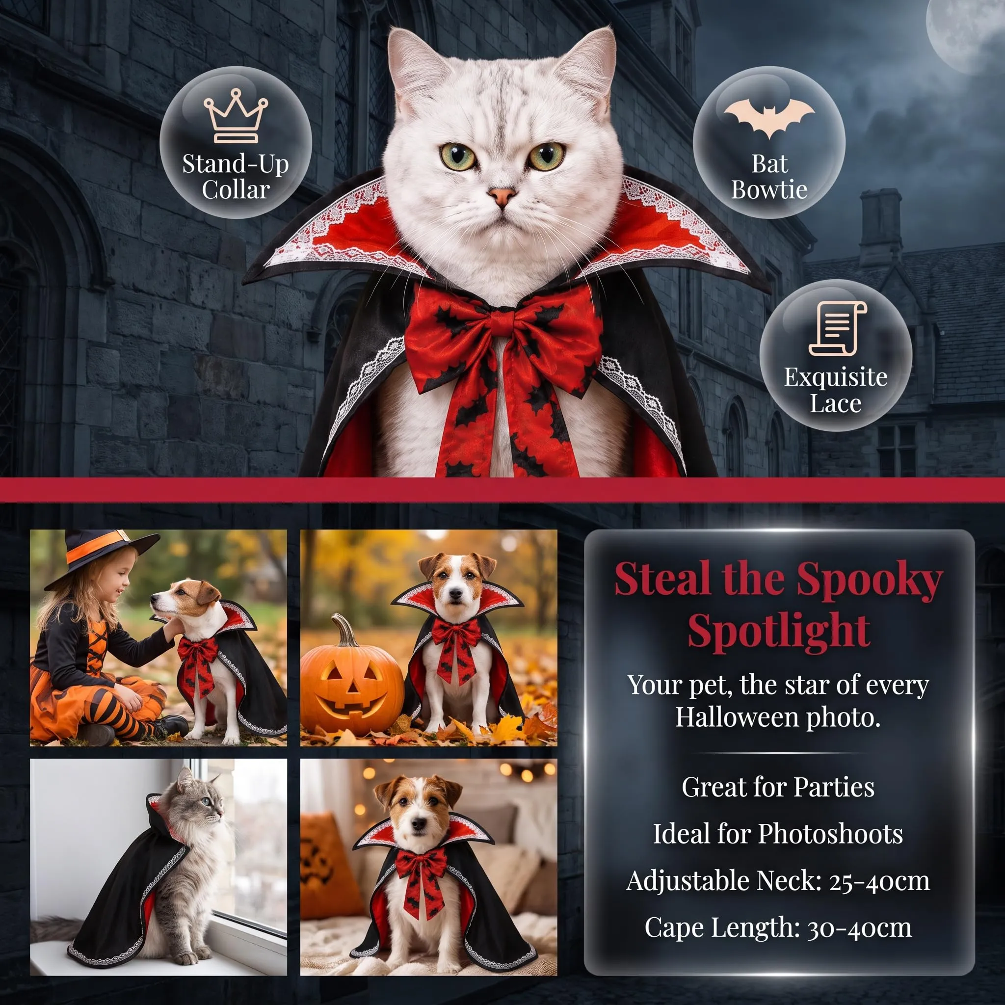 Costume di Halloween per Cane con Mantello Rosso e Nero da Vampiro per - immagine 4