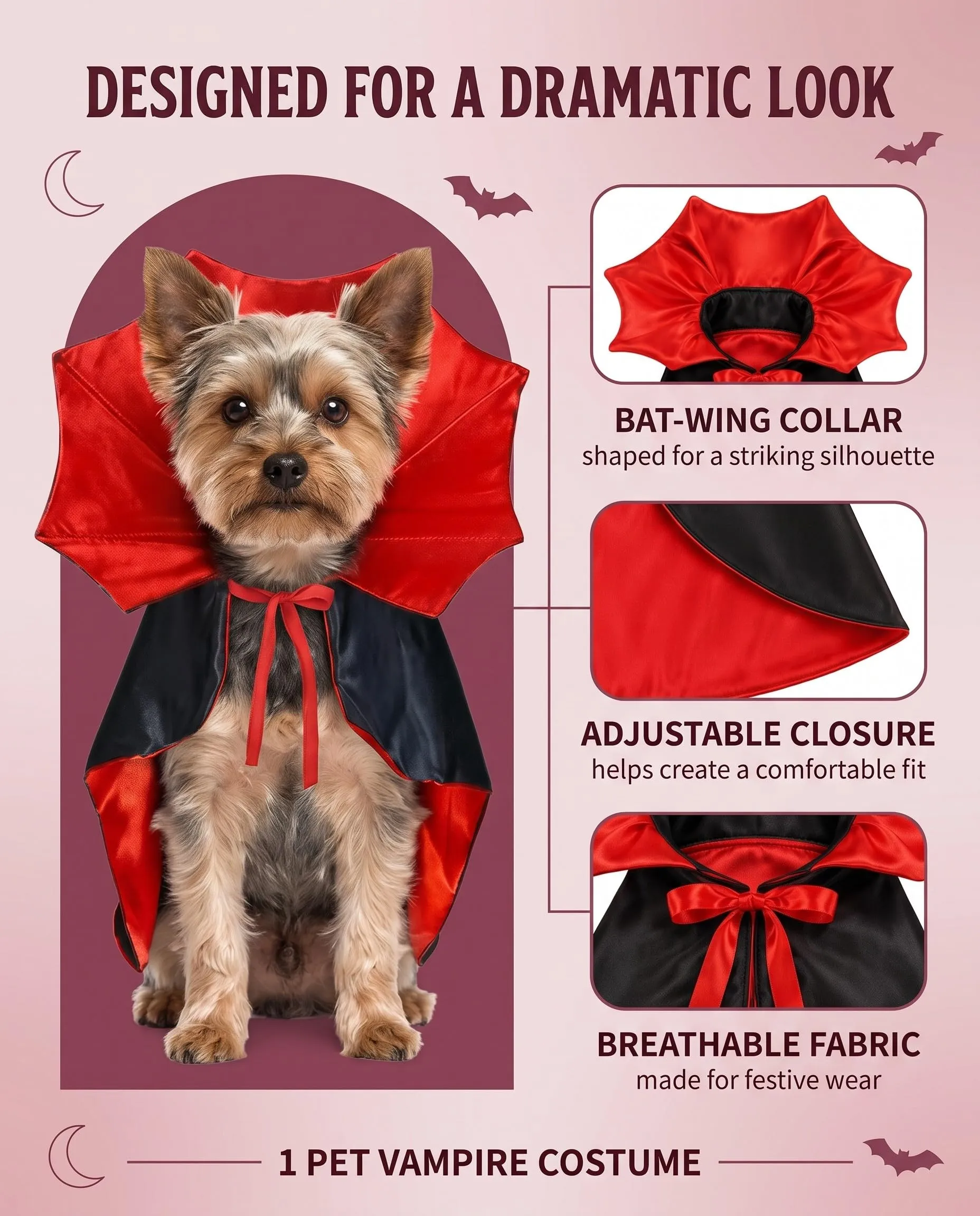 YUZNA Costume Vampiro per Cane e Gatto, 1 Pz | Chiusura Regolabile e Tessuto Traspirante - Mantello Halloween Confortevole per Sfilate, Cosplay e Foto - immagine 4