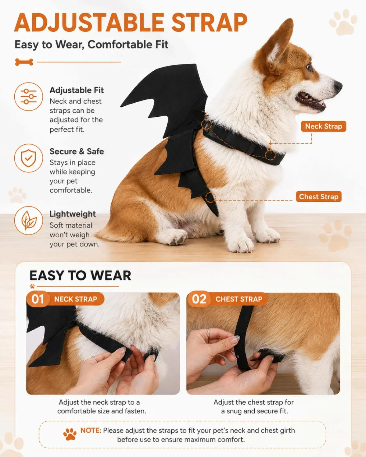 FOKZIL Ali Pipistrello Feltro Costume Halloween per Cani e Gatti, Taglia M (52x25cm), | Finitura Morbida con Chiusura Rapida | Design Ergonomico per Sedere e Muoversi Liberi - immagine 3