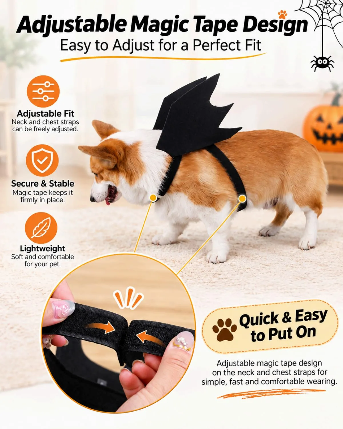 FOKZIL Ali Pipistrello Feltro Costume Halloween per Cani e Gatti, Taglia M (52x25cm), | Finitura Morbida con Chiusura Rapida | Design Ergonomico per Sedere e Muoversi Liberi - immagine 4