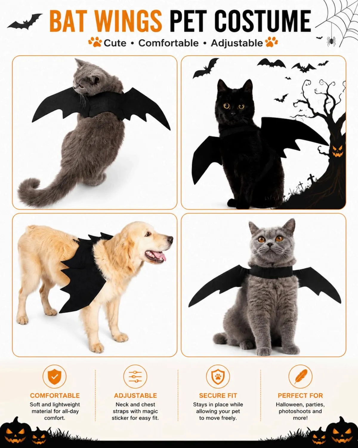 FOKZIL Ali Pipistrello Feltro Costume Halloween per Cani e Gatti, Taglia M (52x25cm), | Finitura Morbida con Chiusura Rapida | Design Ergonomico per Sedere e Muoversi Liberi - immagine 5