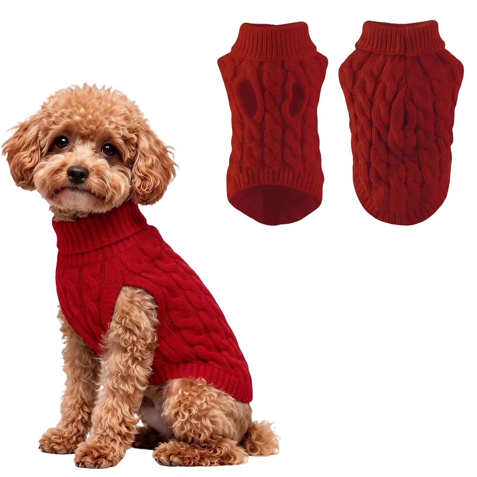 NiceNaiils Maglioncino Cane Taglia Piccola, Maglione a Treccia per Cani e Gatti Caldo e Morbido, Cappottino Dolcevita Autunno Inverno, Rosso Vino, L (Torace 34cm, Schiena 35cm, 3.5-5kg) - immagine 1