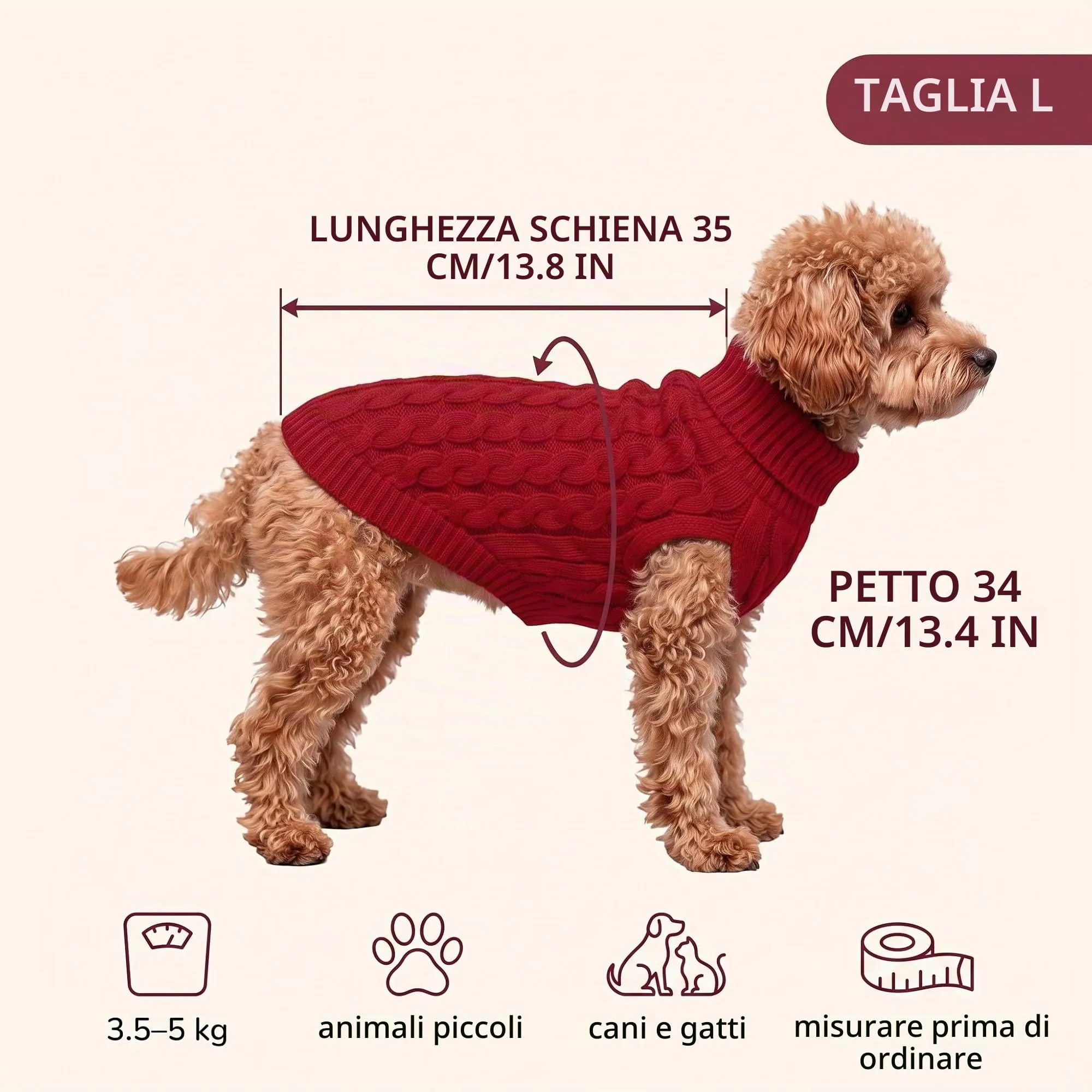 NiceNaiils Maglioncino Cane Taglia Piccola, Maglione a Treccia per Cani e Gatti Caldo e Morbido, Cappottino Dolcevita Autunno Inverno, Rosso Vino, L (Torace 34cm, Schiena 35cm, 3.5-5kg) - immagine 2