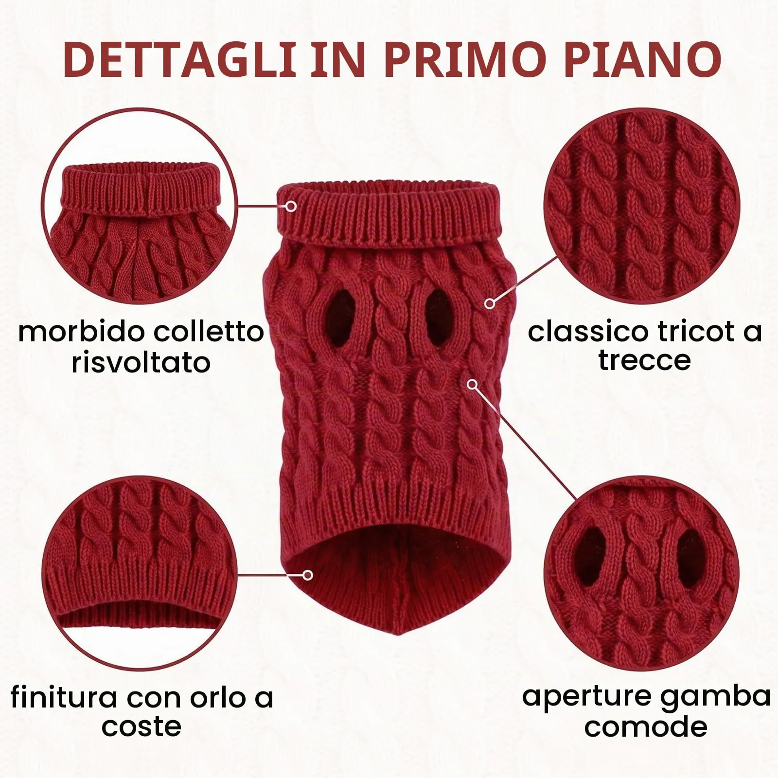 NiceNaiils Maglioncino Cane Taglia Piccola, Maglione a Treccia per Cani e Gatti Caldo e Morbido, Cappottino Dolcevita Autunno Inverno, Rosso Vino, L (Torace 34cm, Schiena 35cm, 3.5-5kg) - immagine 3