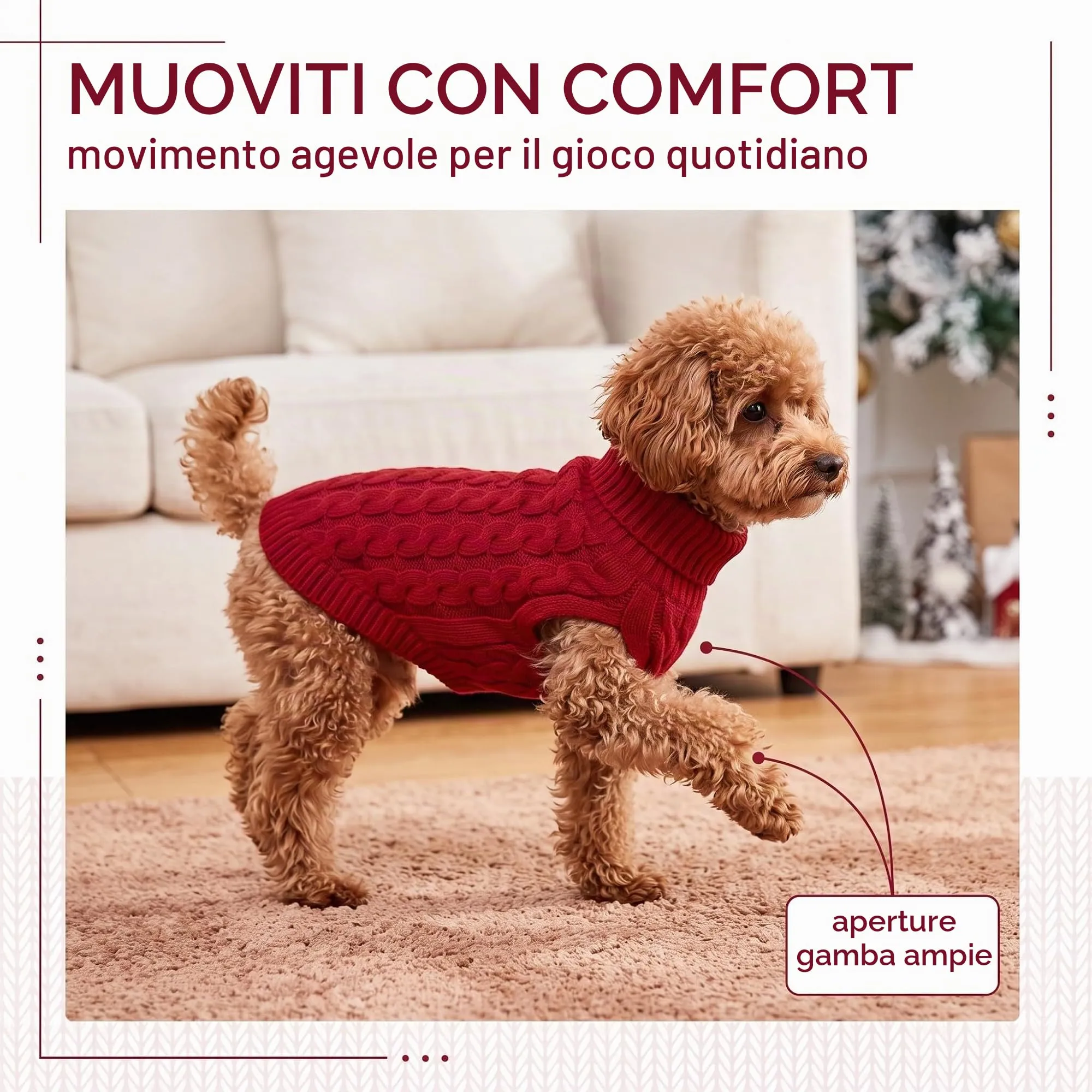 NiceNaiils Maglioncino Cane Taglia Piccola, Maglione a Treccia per Cani e Gatti Caldo e Morbido, Cappottino Dolcevita Autunno Inverno, Rosso Vino, L (Torace 34cm, Schiena 35cm, 3.5-5kg) - immagine 4