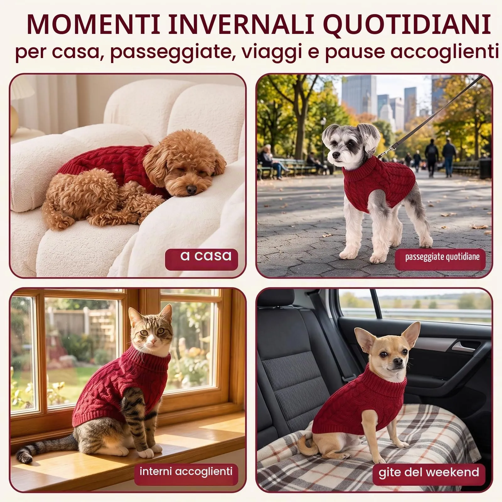 NiceNaiils Maglioncino Cane Taglia Piccola, Maglione a Treccia per Cani e Gatti Caldo e Morbido, Cappottino Dolcevita Autunno Inverno, Rosso Vino, L (Torace 34cm, Schiena 35cm, 3.5-5kg) - immagine 7
