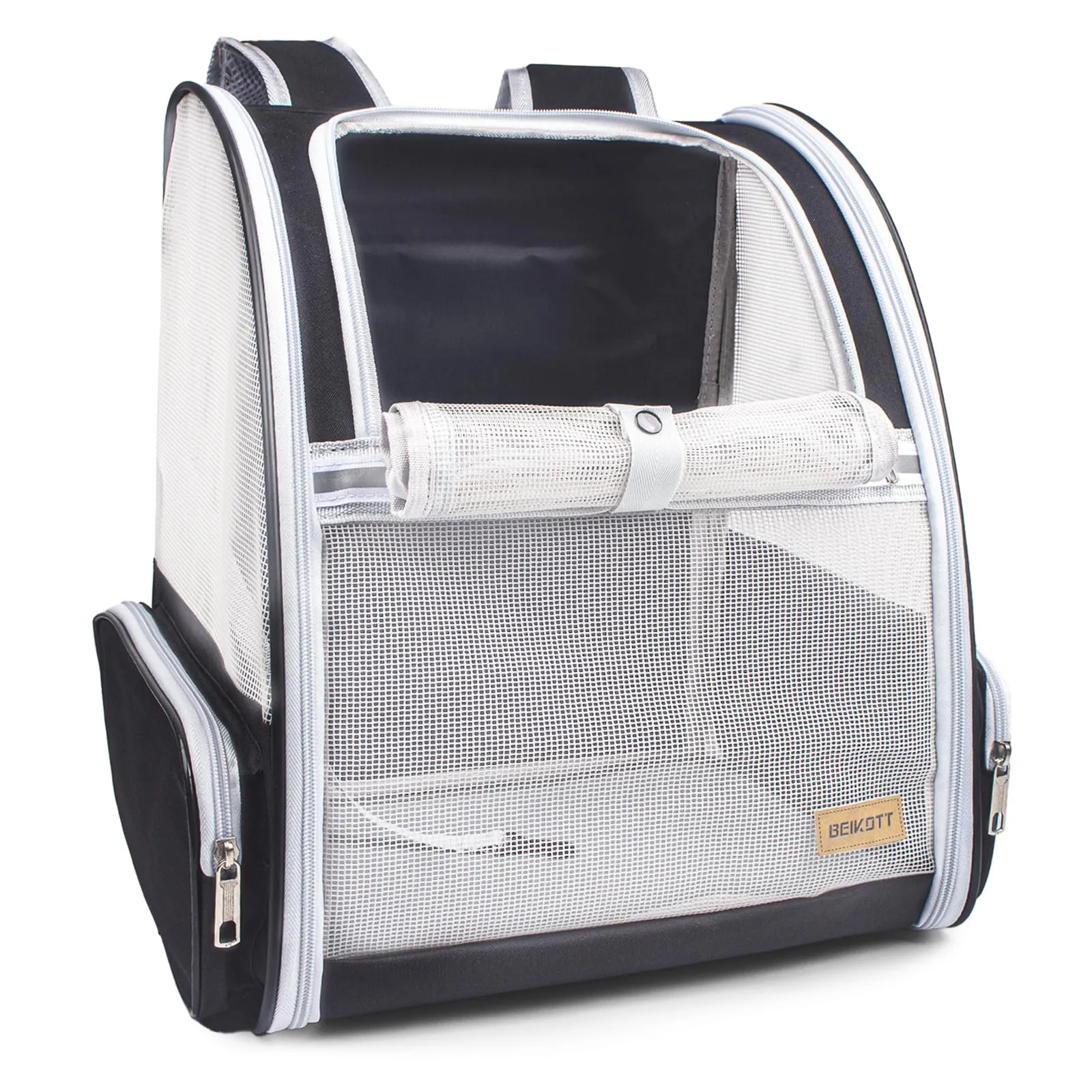 BEIKOTT Zaino per cani e gatti di piccola taglia, ventilato, pieghevole, con cinture di sicurezza, fibbie per viaggi, escursioni e esterni, nero - immagine 1