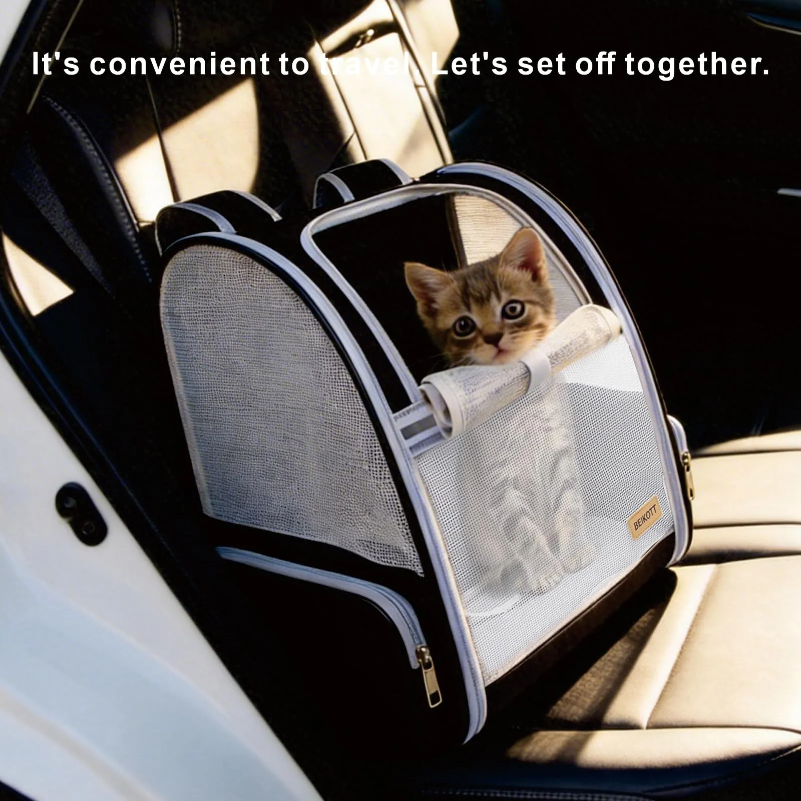 BEIKOTT Zaino per cani e gatti di piccola taglia, ventilato, pieghevole, con cinture di sicurezza, fibbie per viaggi, escursioni e esterni, nero - immagine 4