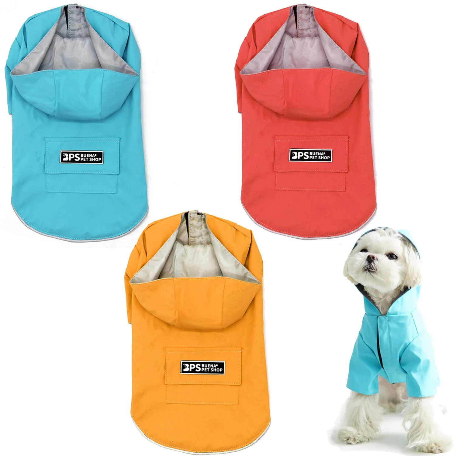 BPS - Giacca impermeabile per animali domestici cani, impermeabile, con cappuccio, tasca per cani di piccola taglia media e grande, con materiale 100% poliestere (S, blu) BPS-9700AZ - immagine 1