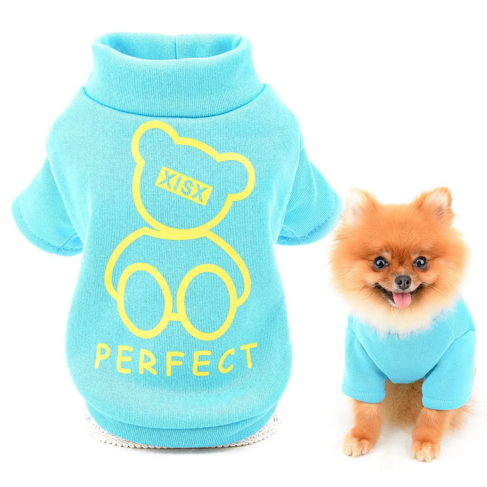 SMALLLEE_LUCKY_STORE Simpatico cartone animato cucciolo felpa in pile pullover maglioni per cani di piccola taglia media gatto Yorkie Chihuahua gattino caldo autunno inverno vestiti, blu, L - immagine 1