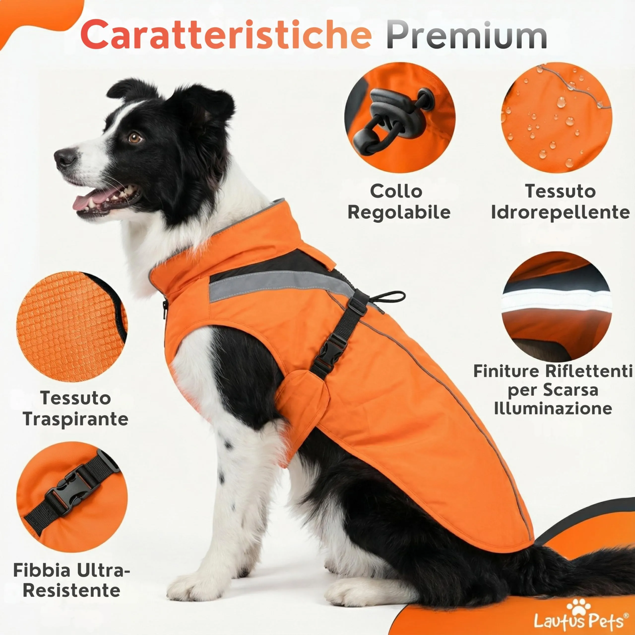 Lautus Pets Impermeabile per cani, strisce riflettenti e foro per guinzaglio – Leggero e regolabile per cani di taglia media - L, Arancione - immagine 5