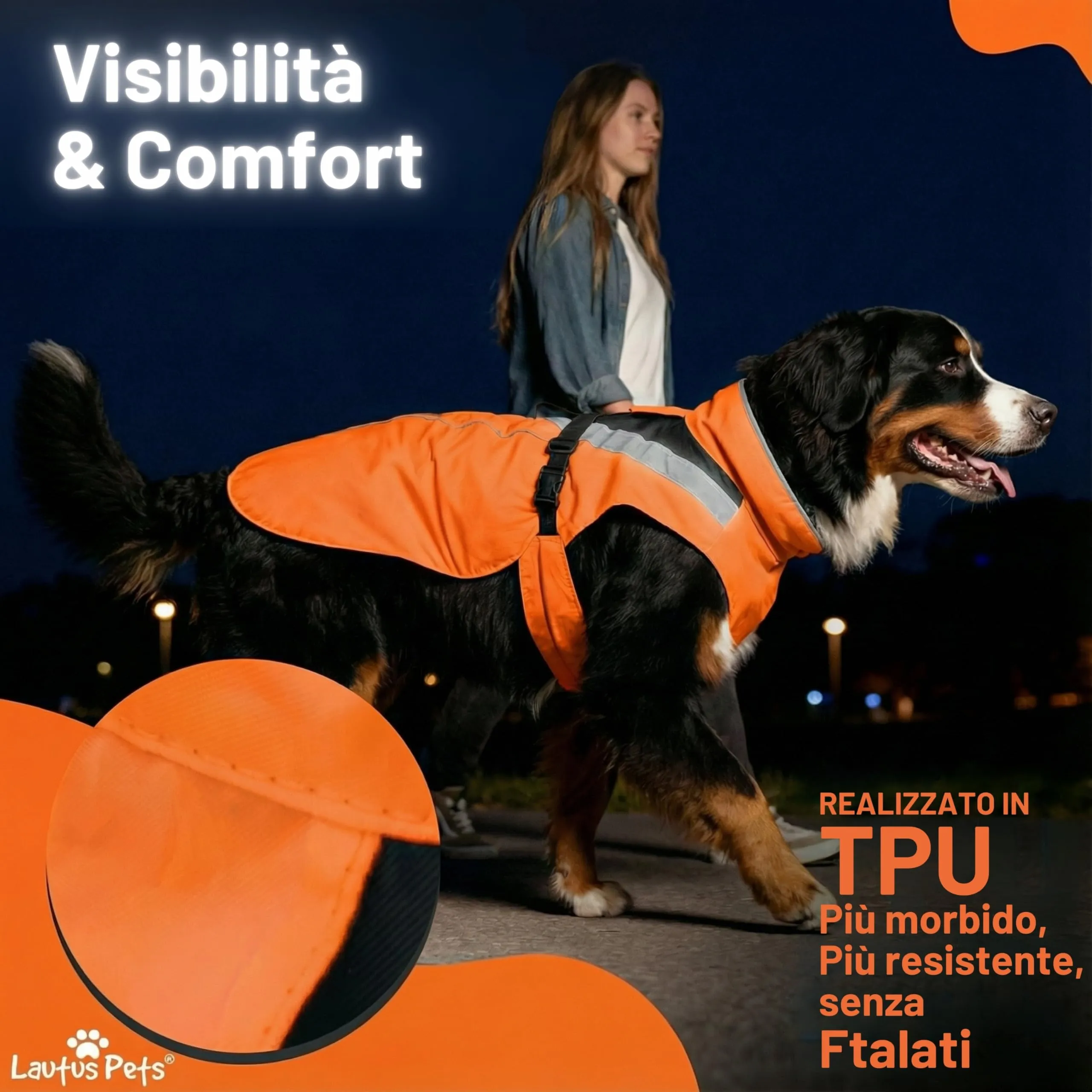 Lautus Pets Impermeabile per cani, strisce riflettenti e foro per guinzaglio – Leggero e regolabile per cani di taglia media - XL, Arancione - immagine 4