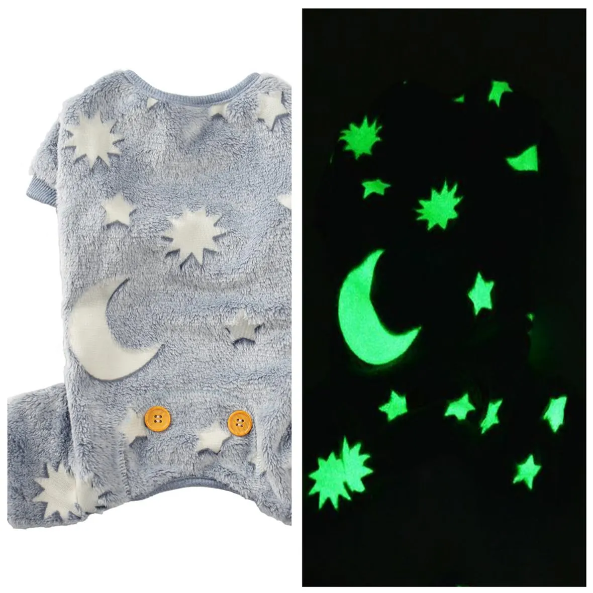 Maigllra Pigiama per cani in peluche che si illumina al buio, tuta a 4 zampe, per cani di taglia piccola, media e grande, grigio luna, M - immagine 2
