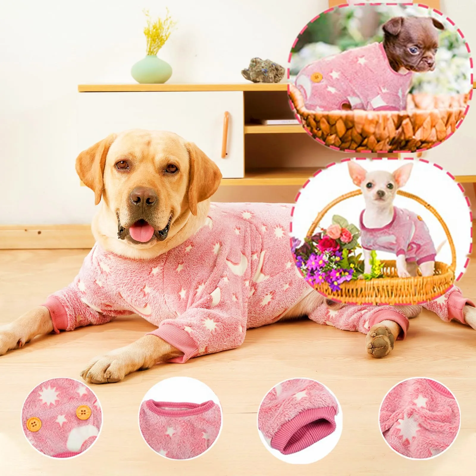 Maigllra Pigiama per cani in peluche che si illumina al buio, tuta a 4 zampe, per cani di taglia piccola, media e grande, grigio luna, M - immagine 5