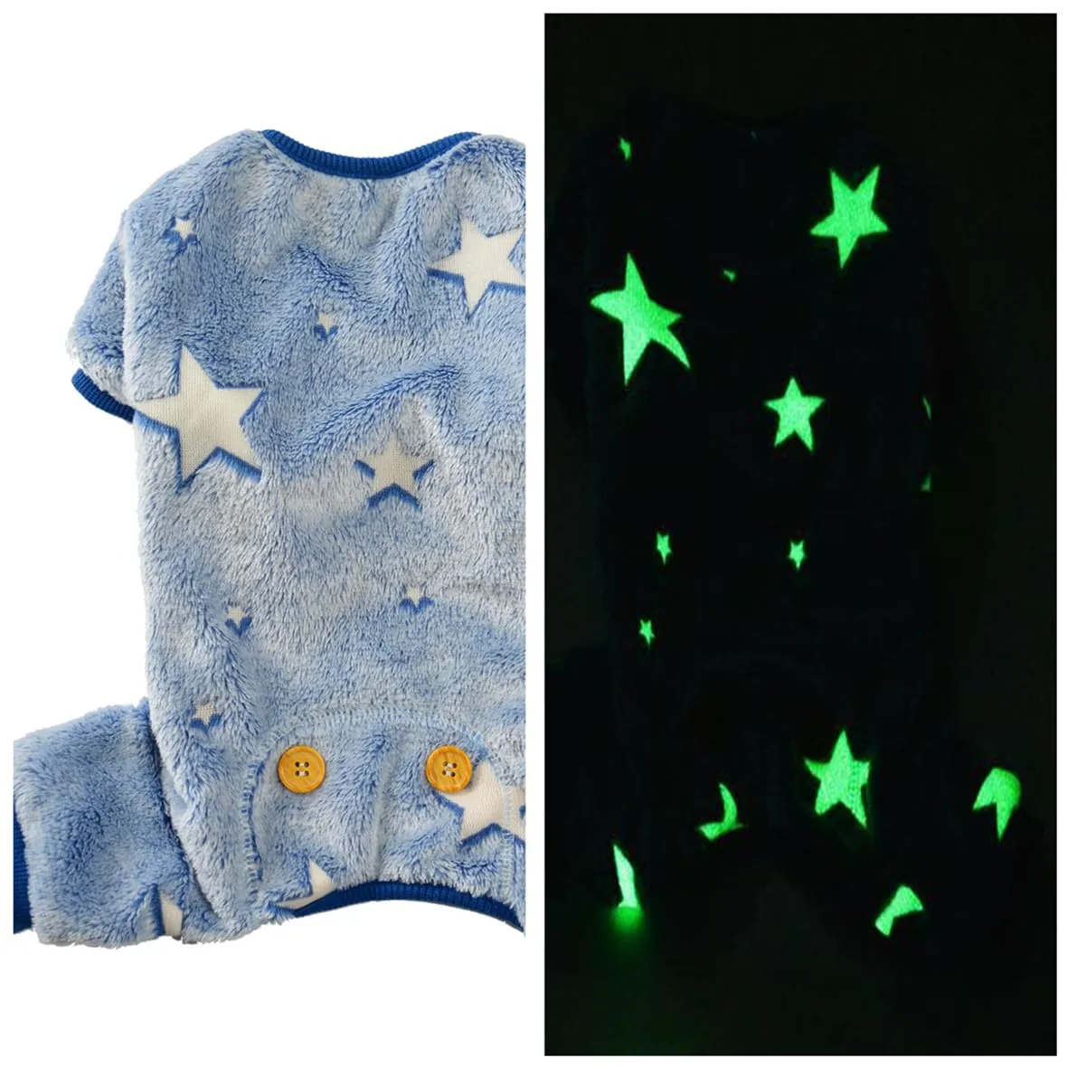 Maigllra Pigiama per cani in peluche che si illumina al buio, tuta a 4 zampe, per cani di taglia piccola e media, stella blu, S - immagine 2