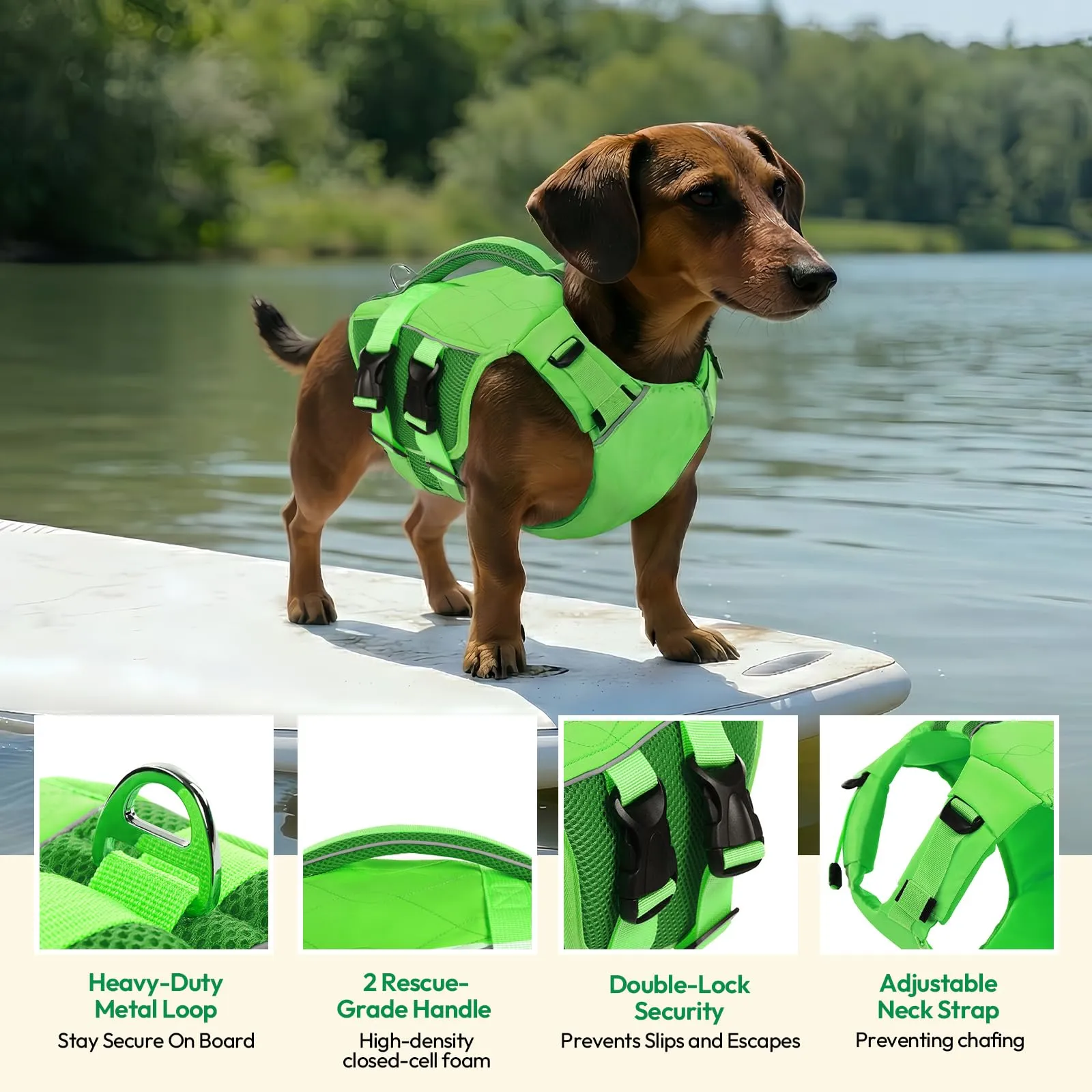 KONVINIT Giubbotto di Salvataggio per Cani, Giubbotto Salvagente Cane Taglia Regolabile, Verde, Tessuto Ripstop 600D, Galleggiante, Riflettente, Leggero - immagine 3