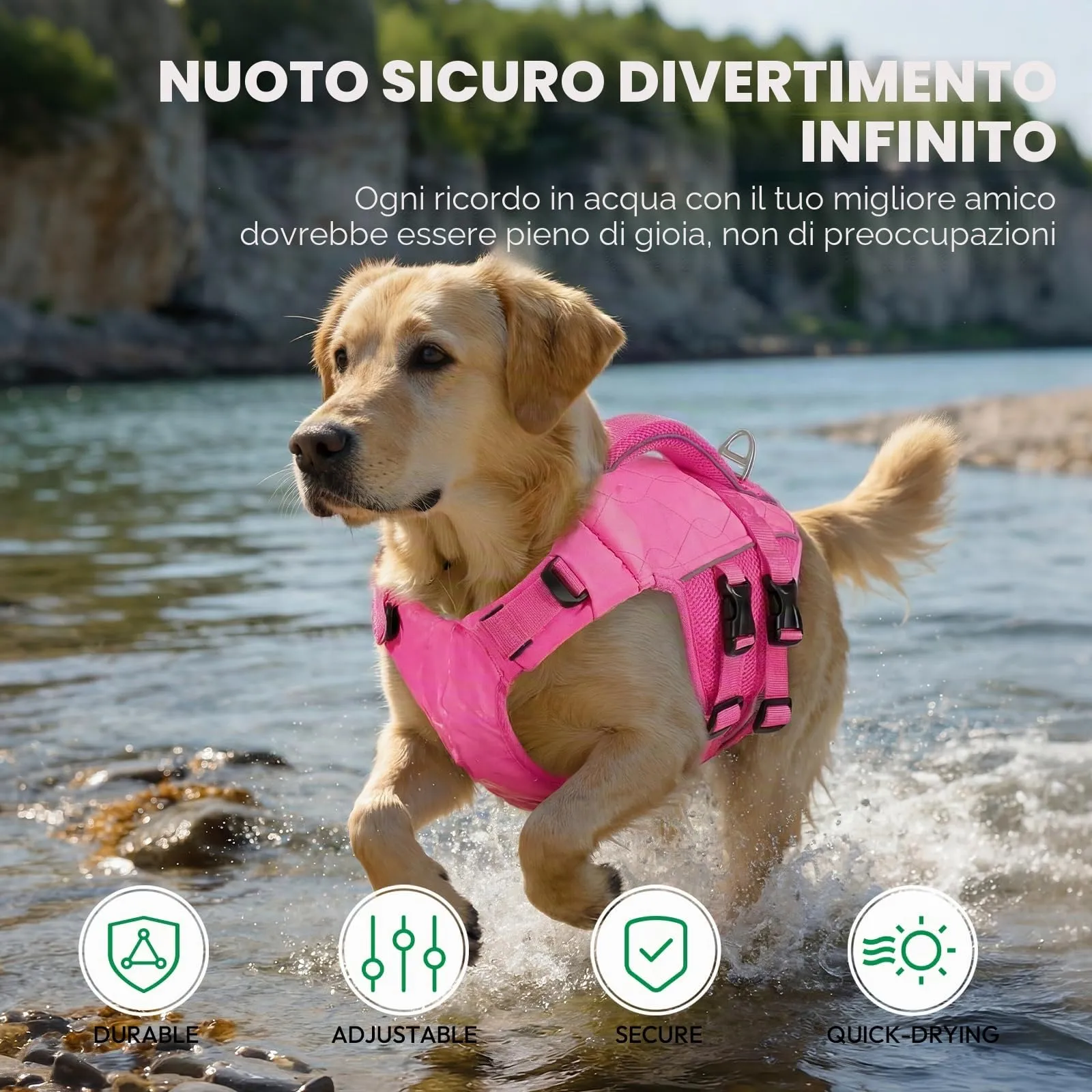 KONVINIT Giubbotto di Salvataggio per Cani, Giubbotto Salvagente Cane Taglia Regolabile Rosa XXL con Maniglia e Strisce Riflettenti - immagine 2