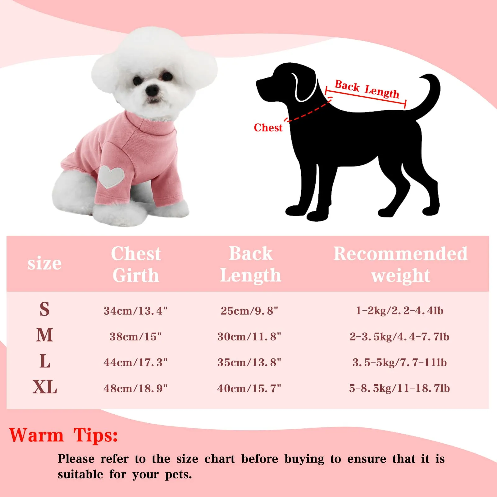 Yaopelky Felpa per cani di taglia piccola e media, calda maglietta per animali domestici, con stampa a cuore, per cuccioli di gatto, gattino, chihuahua schnauzer (rosa, XL) - immagine 3